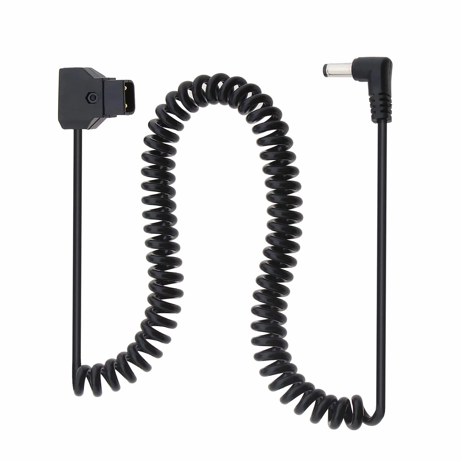 D-TAP 2-biegunowy męski na DC 5,5 x 2,1 mm złącze kątowe spirala kabel zasilający 50 cm do aparatu cyfrowego BMCC BMPCC 4K czarny