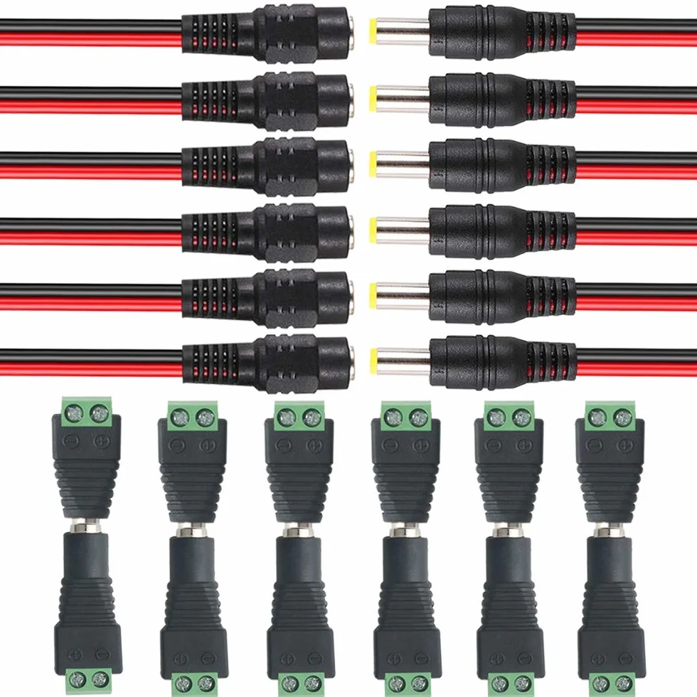 FULARR® 24 szt. Premium 5,5 x 2,1 mm zestaw łączników DC: 6 par wtyczek zasilających DC złącze 6 par kabel zasilający prądu stałego, do kamery bezpieczeństwa CCTV