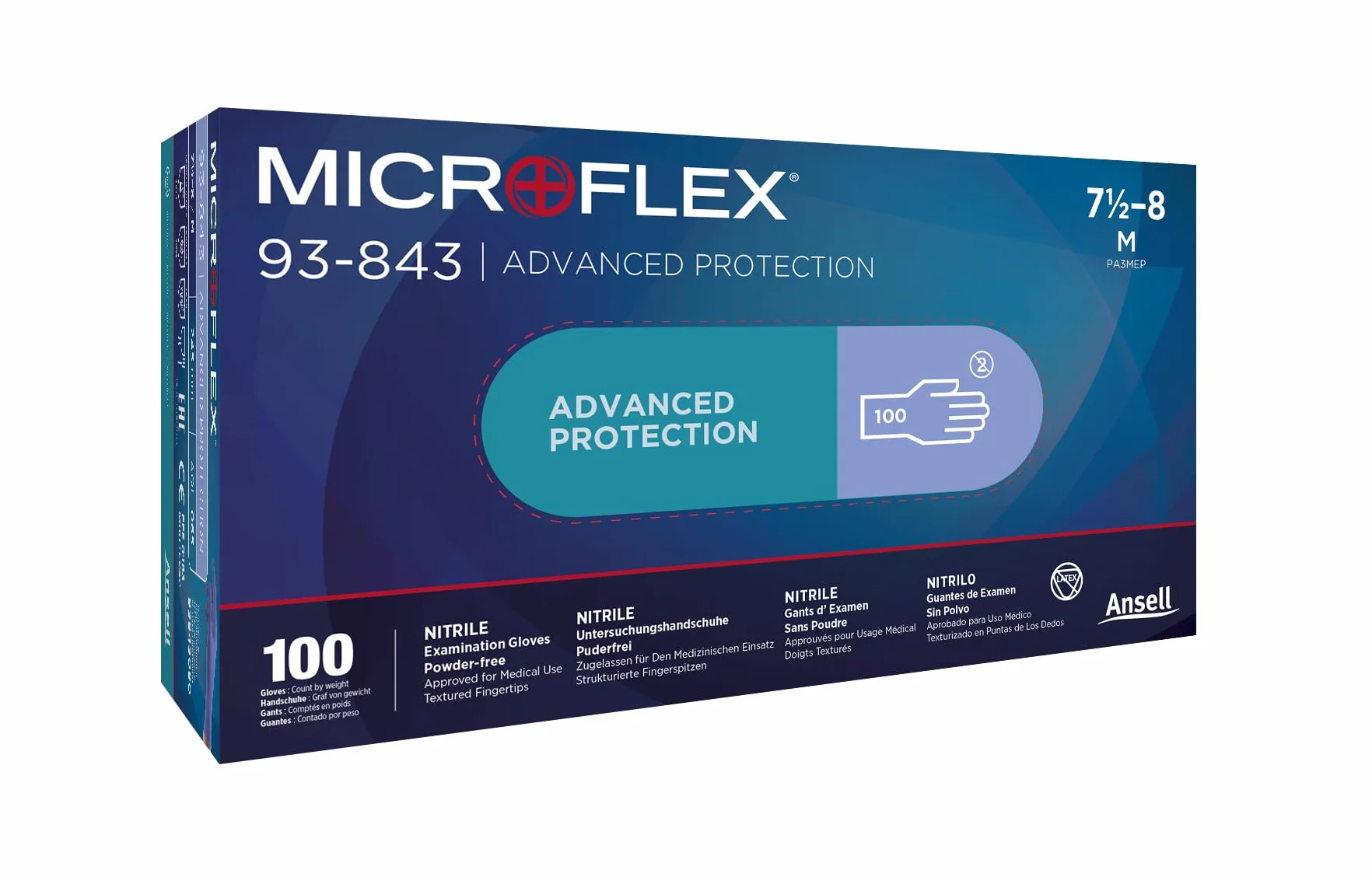 Ansell MicroFlex 93-843 Dostępne rękawiczki nitrylowe, rękawice jednokierunkowe, przemysłowa ochrona chemiczna i mechaniczna, drobna i trwała konstrukcja, niebieski, rozmiar XL (100 rękawiczek)