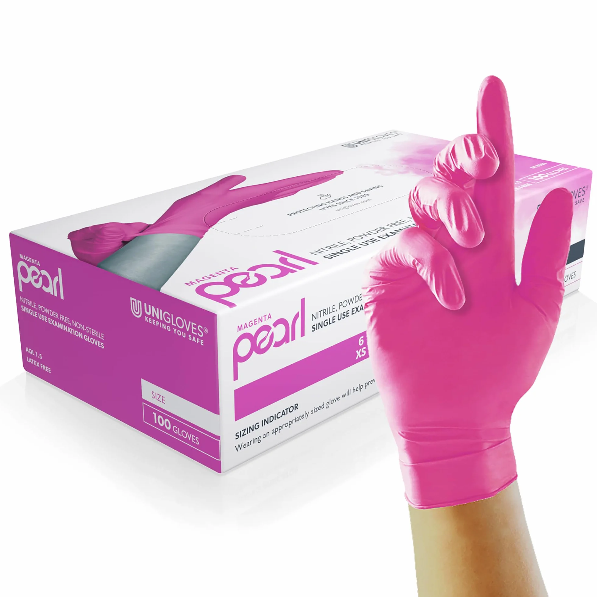 Unigloves Magenta Pearl nitrylowe rękawice egzaminacyjne, uniwersalne, bezpudrowe i bezlateksowe, rękawiczki jednorazowe, pudełko 100 rękawic, magenta, rozmiar S (GP8502)