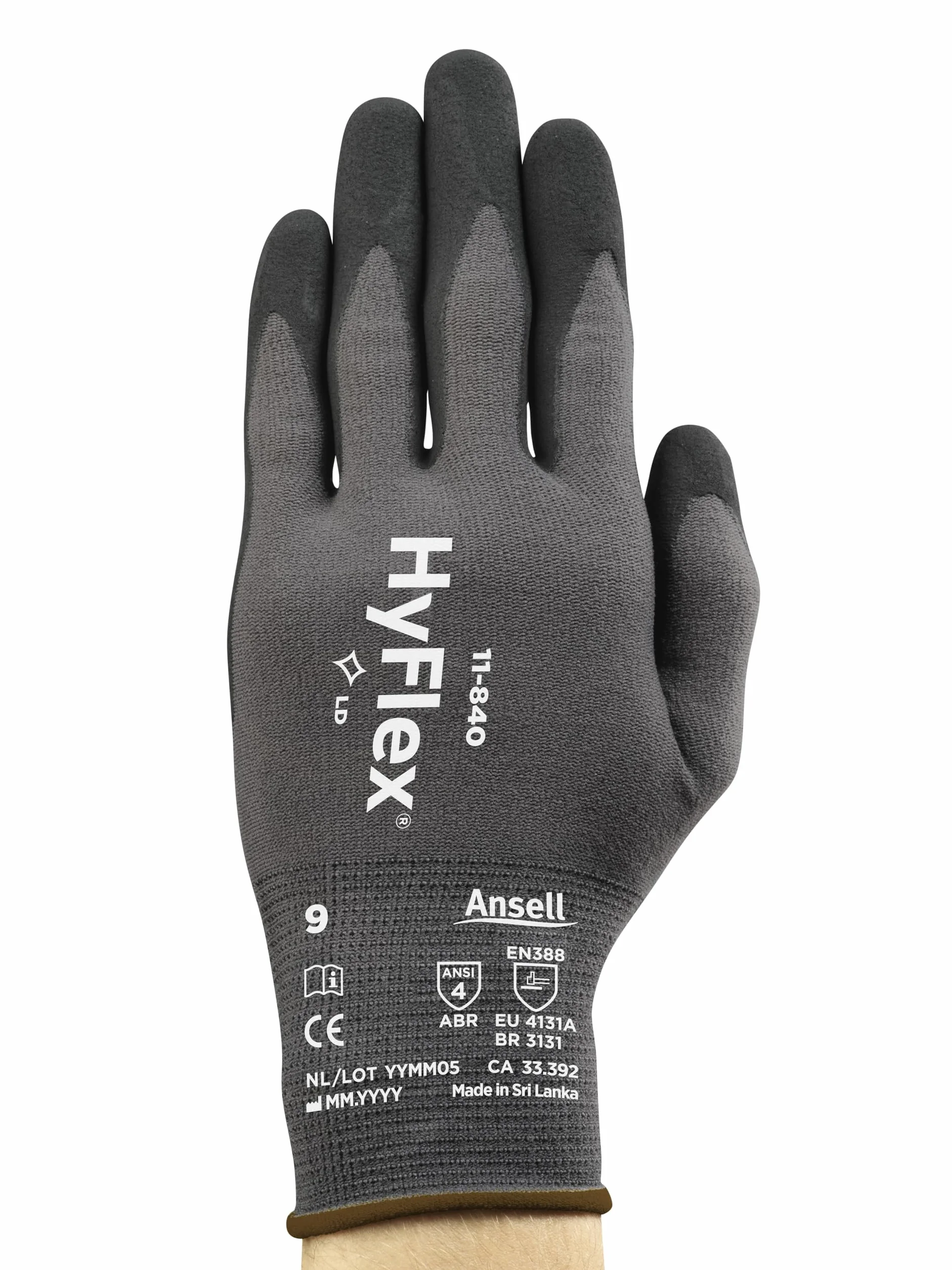 Ansell HyFlex 11-840R, Rękawice robocze, Uniwersalne, Odporne na ścieranie, Rękawice przemysłowe i mechaniczne, rozmiar Szare, Czarne, rozmiar M (3 pary)