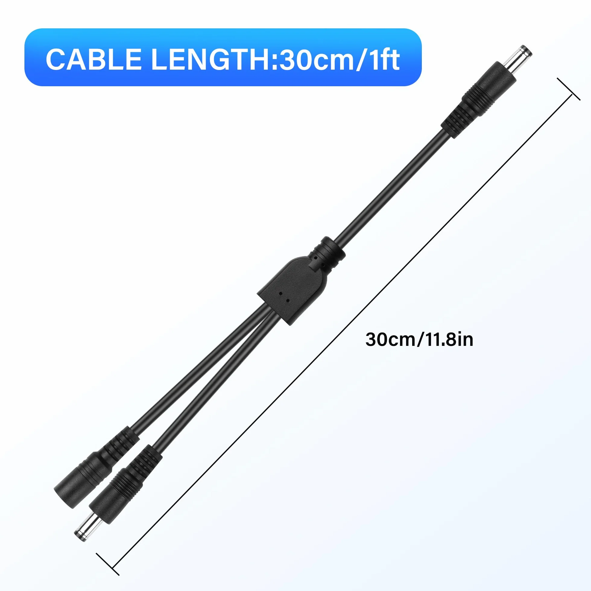 Kabel rozdzielający Y DC 5,5 x 2,1 mm 1 do 2-drożny kabel rozdzielający 1 wtyczka do 1 wtyczki i 1 gniazda, do kamer CCTV DVR, paski świetlne LED 30 cm (2 sztuki)