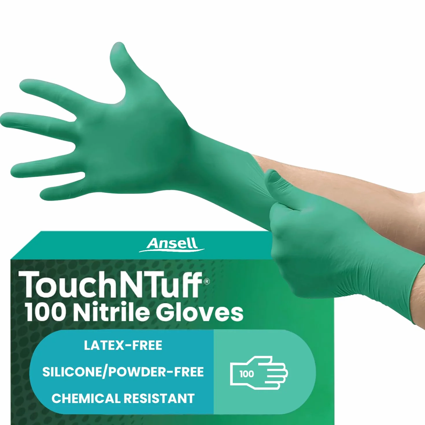Ansell TouchNTuff 92-600,Wielofunkcujne rękawiczki jednorazowe z nitrylem,Bezpudrowe,Bez lateksu,Do przygotowywania żywności,Odporne na chemikalia,Ochrona mechaniczna,Zielone,L (100 rękawiczek)