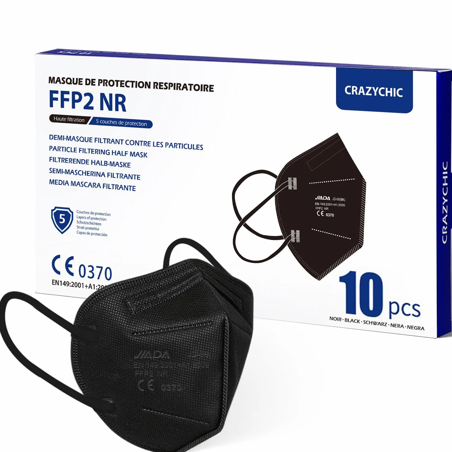 CRAZYCHIC - 10X Maska FFP2 NR Czarna Certyfikowana CE EN149 - Maseczka Ochrona Dróg Oddechowych - Wysoka Filtracja 5 Warstw - Hipoalergiczna - Indywidualne Opakowanie - Pudełko 10 Szt.