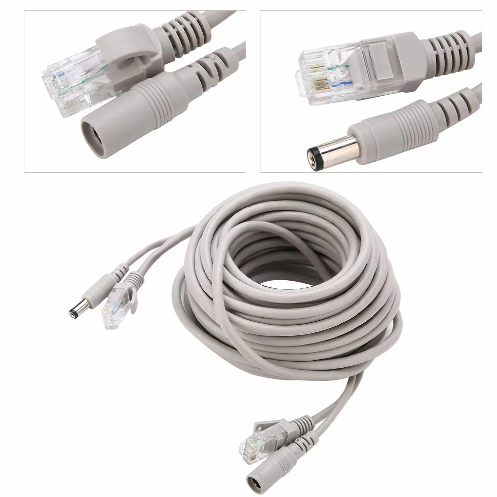 Kabel CCTV 5 m/10 m/15 m/20 m, kabel zasilający wideo AHD do systemu monitoringu CCTV, kabel kota do kamer IP, system NVR, 10 Mbit/s/100 Mbit/s (kolor: biały) (15 m)