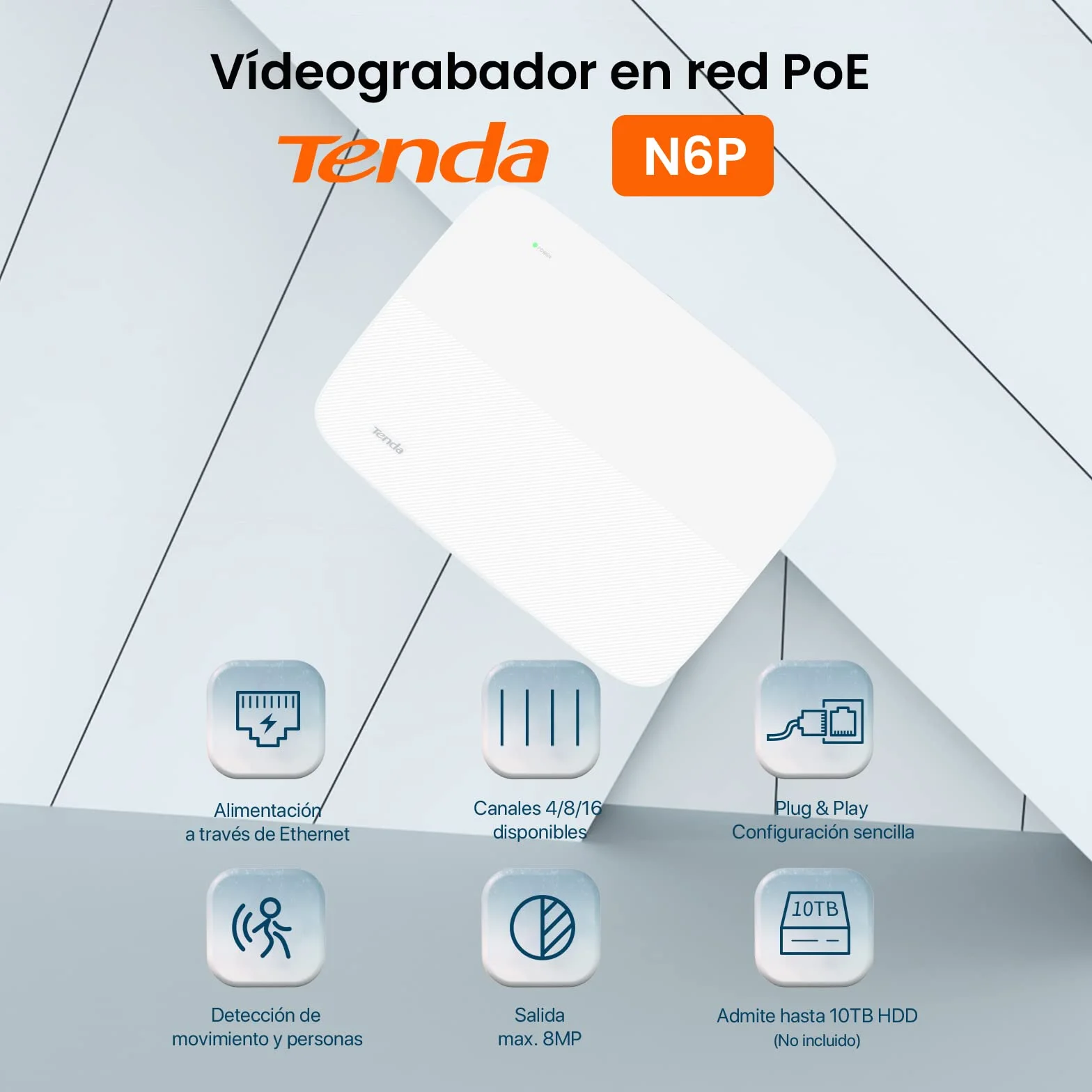 Tenda 4K PoE NVR H.265+ 8 kanałowy rejestrator wideo DVR do zestawów monitoringu, system kamer monitoringu IP, zdalny dostęp, pojemność 10 TB, obsługa do 8MP, N6P-8H