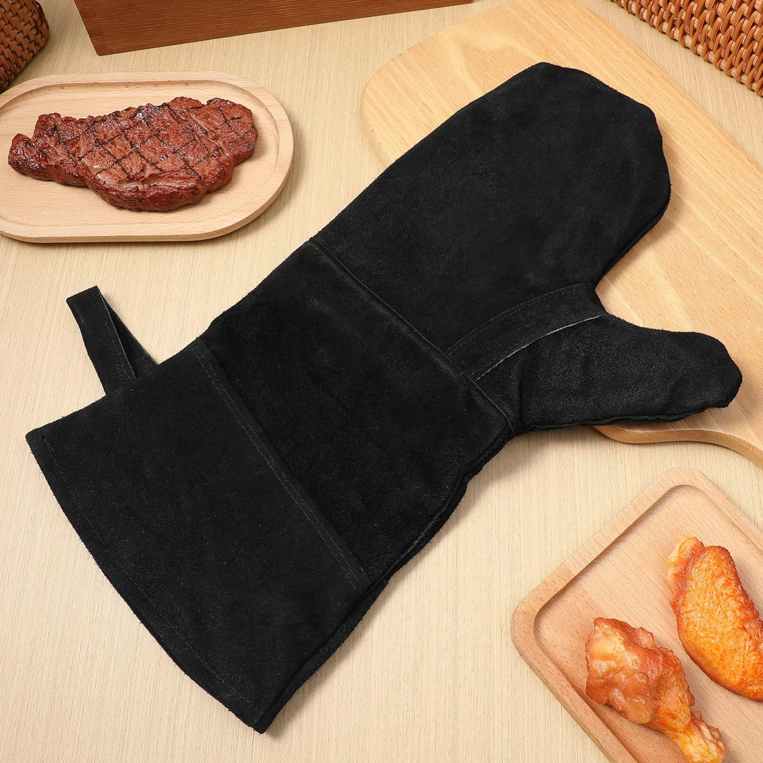 YARNOW Rękawice Ochronne Do Grillowania Piekarnika Odporne Wysoką Temperaturę Wodoodporne Rękawice Ze Skóry Wołowej Do Użytku Domowego Zewnątrz Gotowania Campingowania