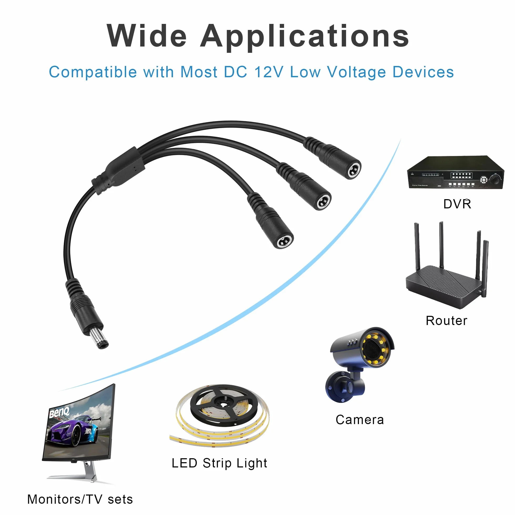 GINTOOYUN Kabel rozdzielający DC Power y 1 wtyczka, 3 gniazda DC 5,5 mm x 2,1 mm, kabel rozdzielający, adapter do kamer CCTV, routerów, DVR i LED (od 1 do 3 dróg) (od 1 do 3 drożności)