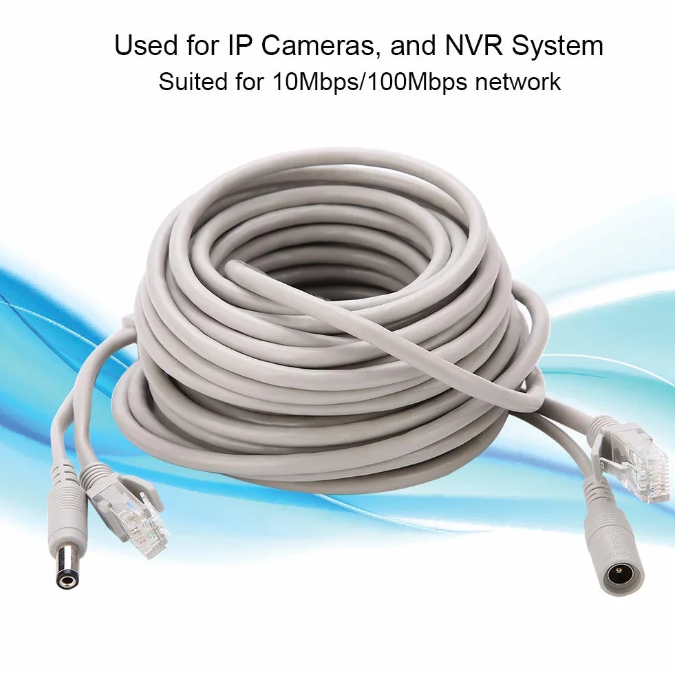 Kabel CCTV 5 m/10 m/15 m/20 m, kabel zasilający wideo AHD do systemu monitoringu CCTV, kabel kota do kamer IP, system NVR, 10 Mbit/s/100 Mbit/s (kolor: biały) (15 m)