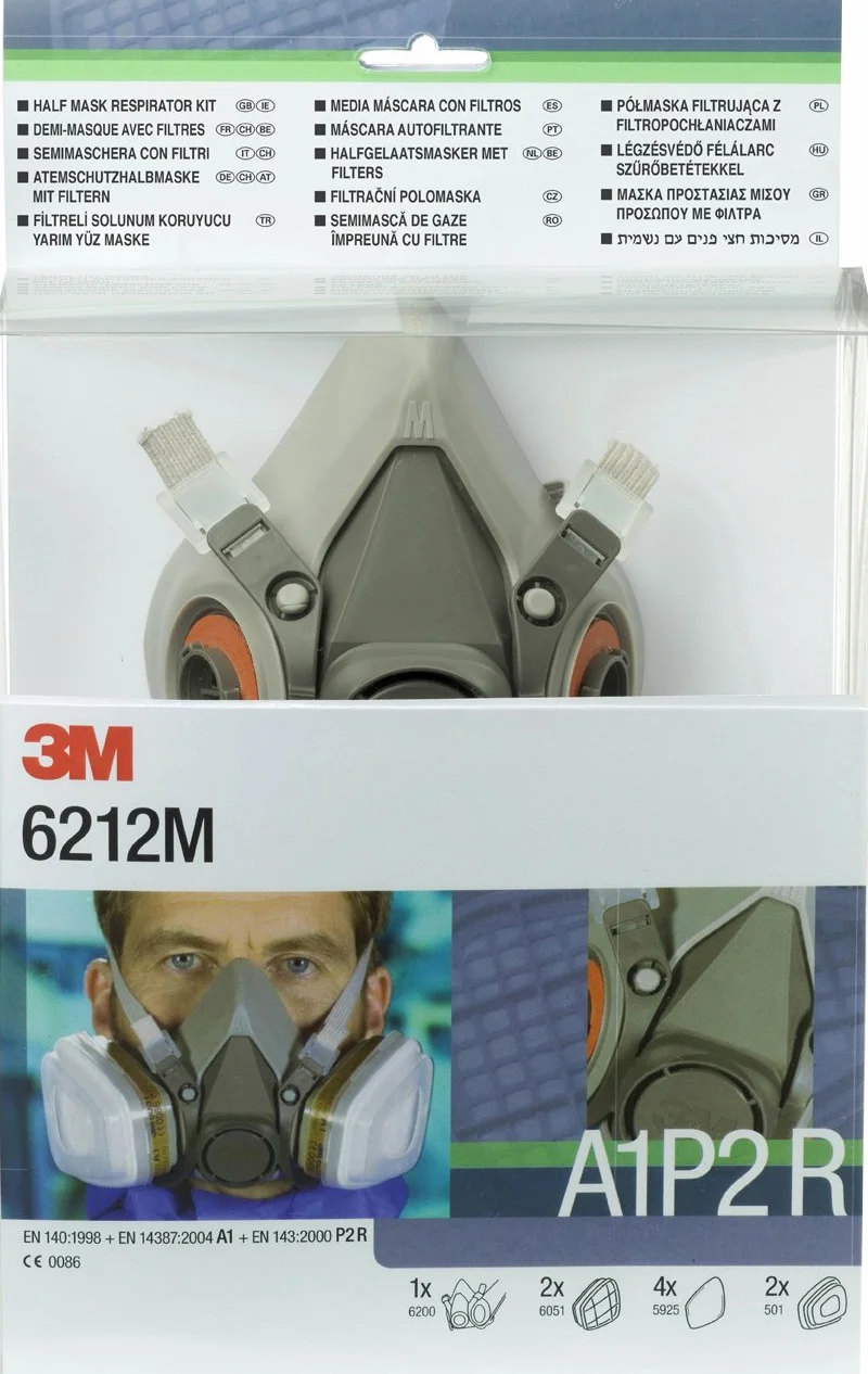 3M 6212M Zestaw pół maski wielokrotnego użytku 6200 A1P2 R gotowy do użycia (6051 A1 + 5925 P2R), Certyfikat bezpieczeństwa EN
