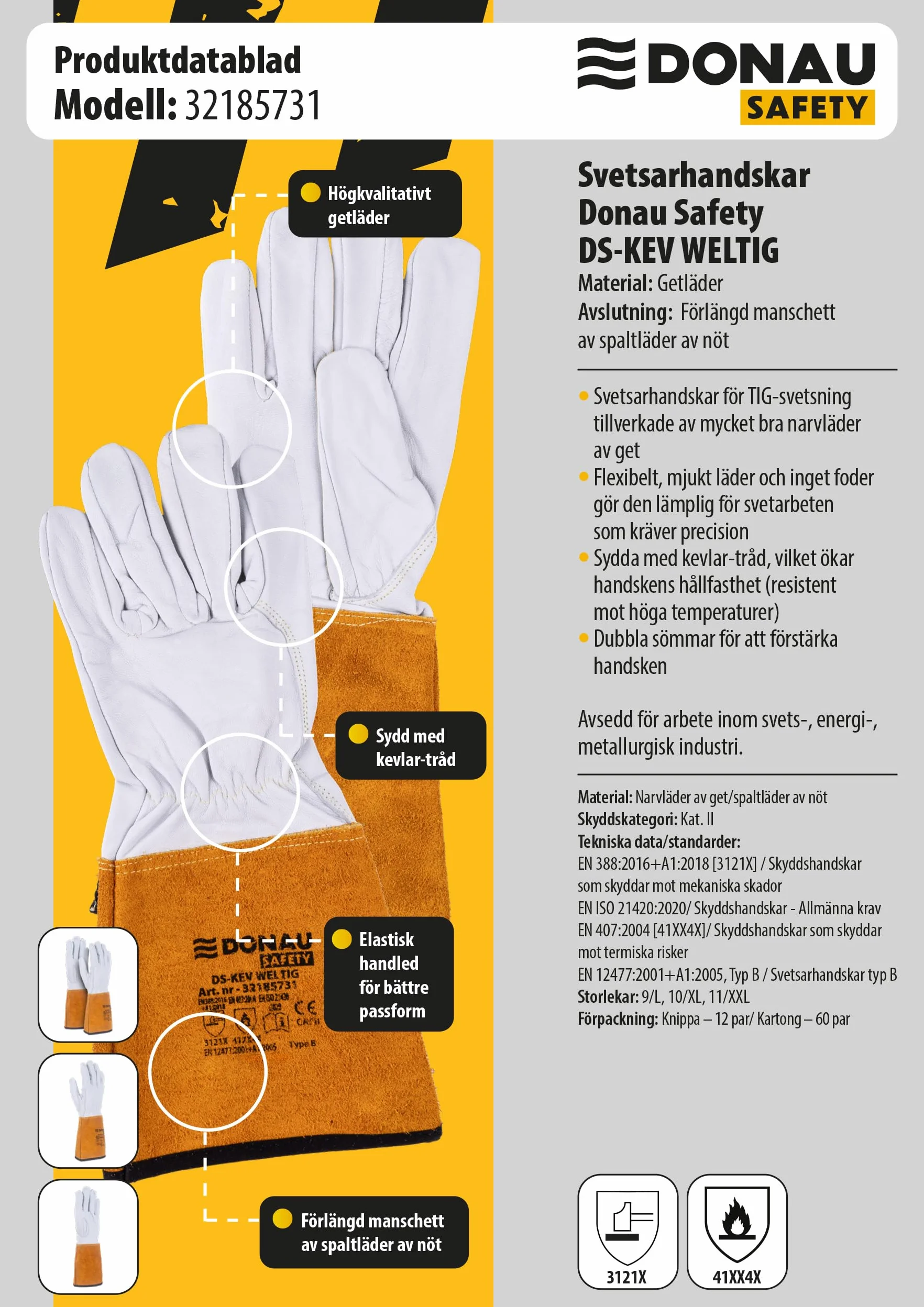 DONAU SAFETY Rękawica spawalnicza ze skóry koziej do spawania TIG/Kevlar/rozmiar 9/L, 1 para/Softouch, bardzo miękkie i przyjemne rękawice robocze, skórzane/rękawice ochronne