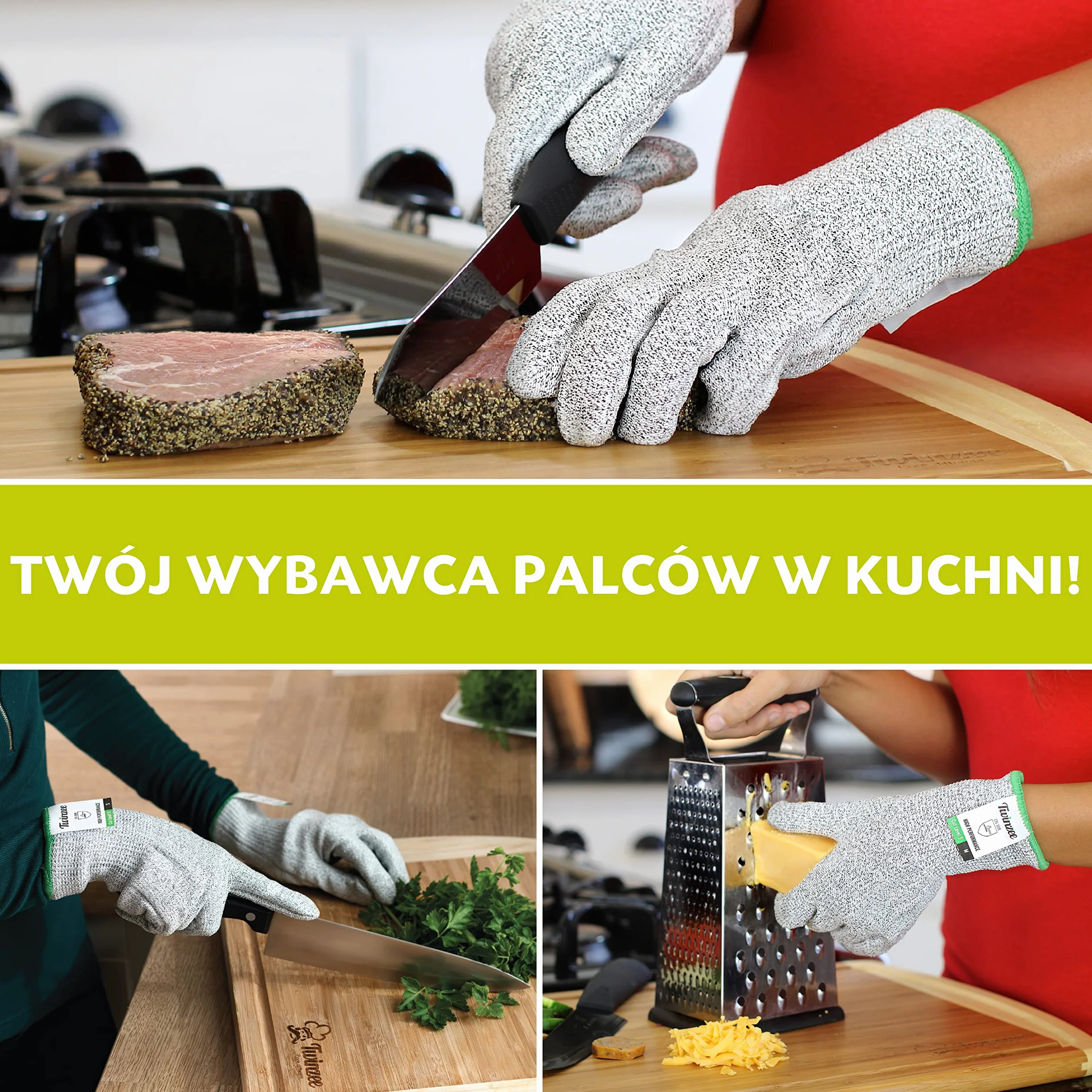 Twinzee Rękawice Chroniące przed Przecięciem Poziom Ochrony 5, Szary/Zielony, Rozmiar L