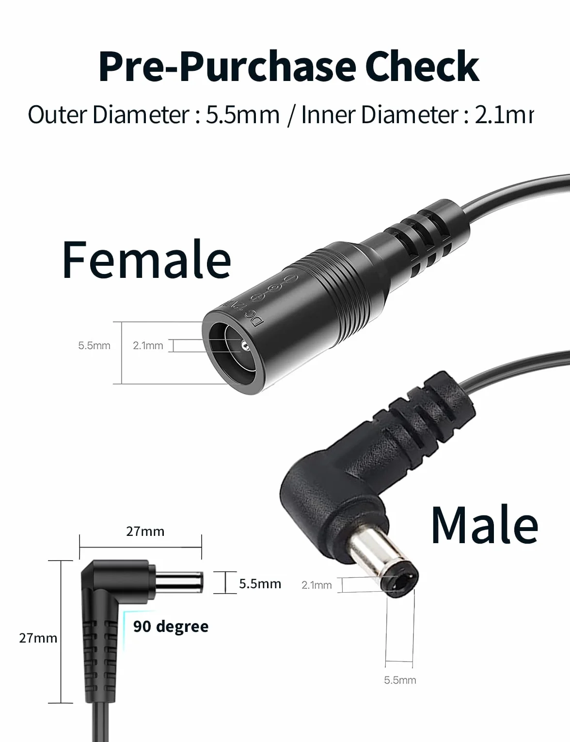 Tonton Kabel Przedłużający 0,5 m Do Kamery CCTV, Sieciowej IP, DVR, Taśmy LED - DC 5-24 V, 90 Stopni, Kształt L