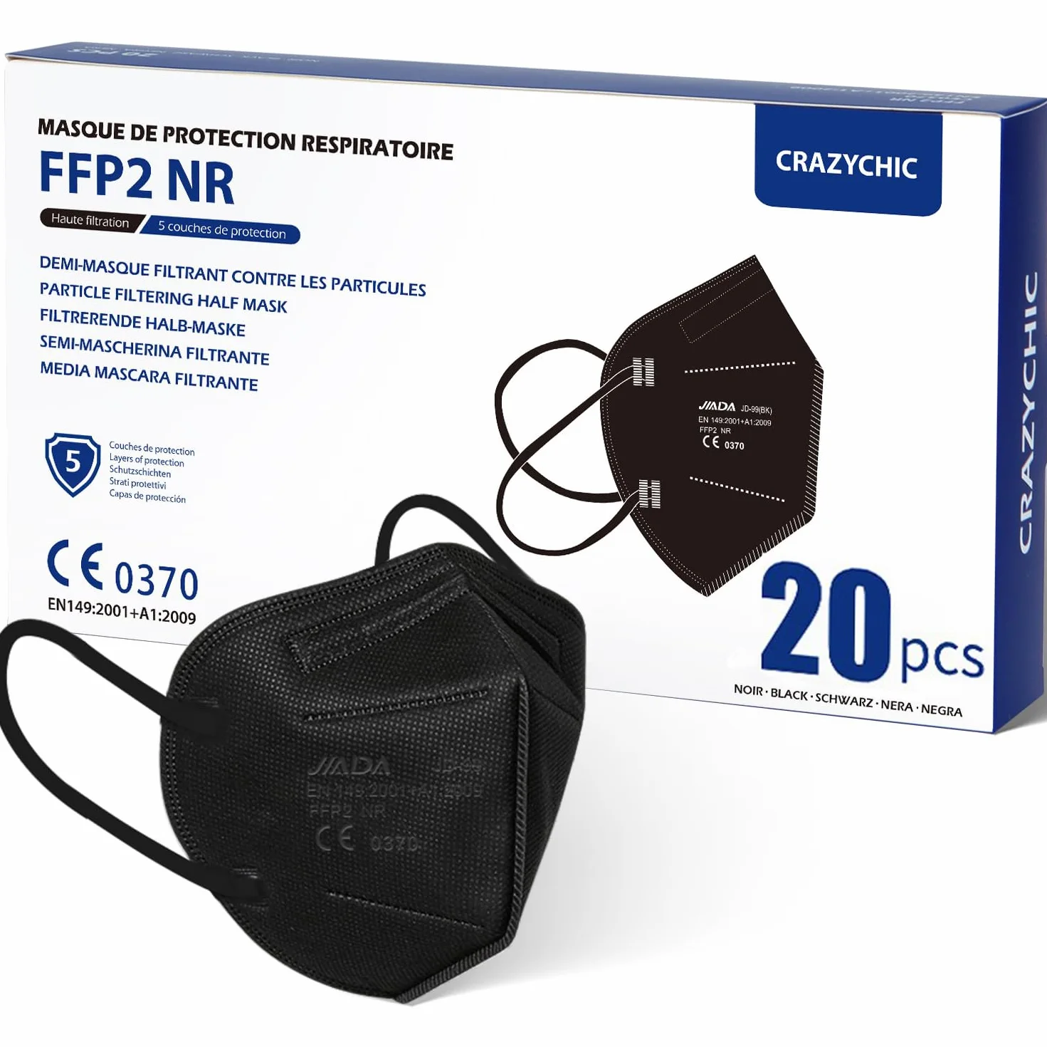 CRAZYCHIC - Maska FFP2 NR Czarna Certyfikowana CE EN149 - Maska Maseczka Ochrona Dróg Oddechowych - Wysoka Filtracja 5 Warstw - Hipoalergiczna - Indywidualne Opakowanie - Pudełko