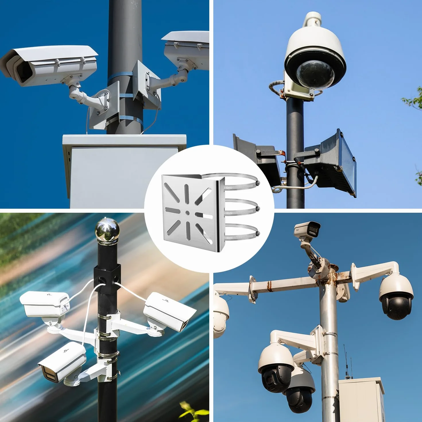 Uchwyt na maszt do kamery monitorującej, pionowy uchwyt na drążek do kamery monitorującej, uniwersalny pionowy uchwyt masztu z 3 regulowanymi pętlami do kamer CCTV, kamer IP