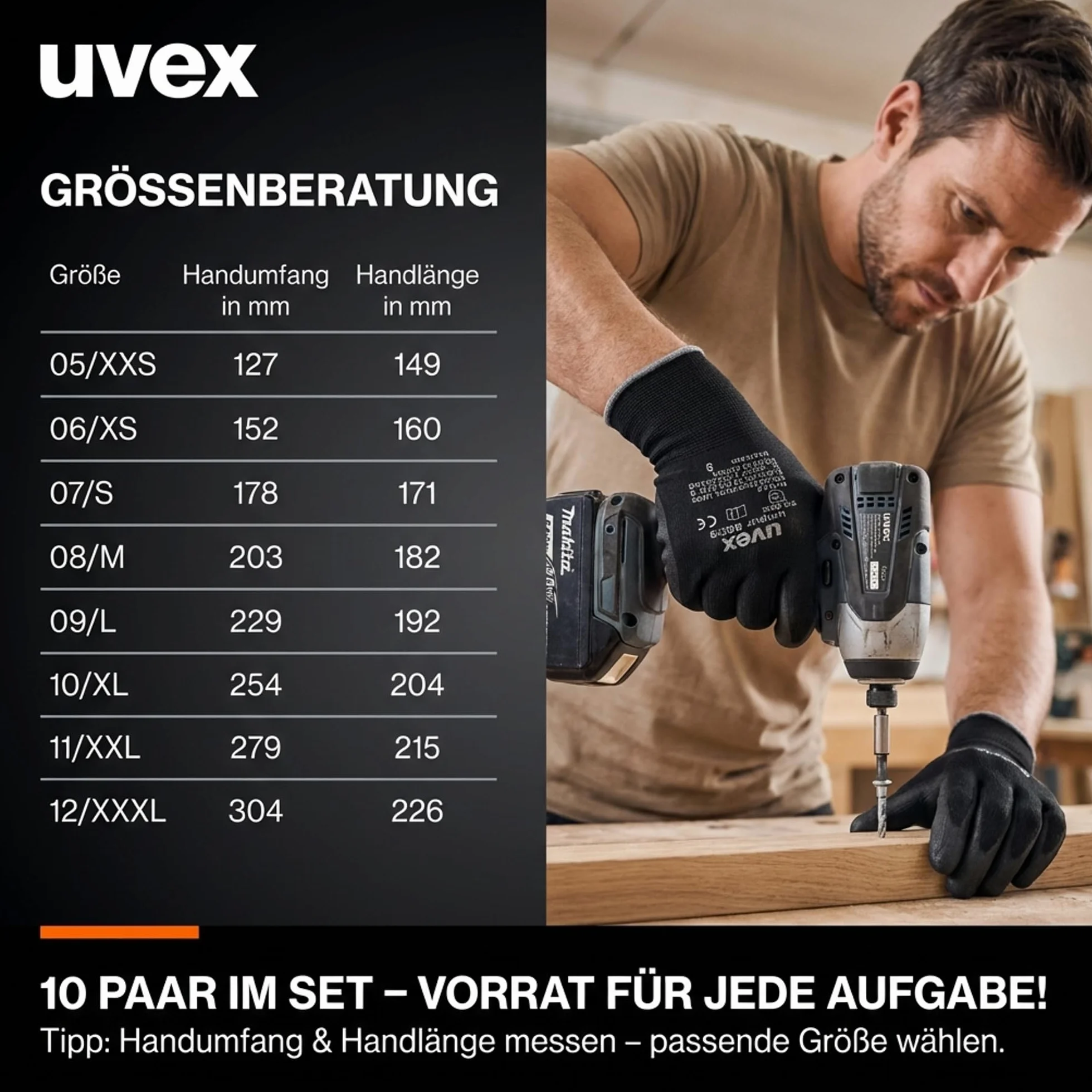 10 par rękawic roboczych Uvex Unipur 6639 z powłoką PU - mechaniczne rękawice ochronne EN 388 - Taille 09/L