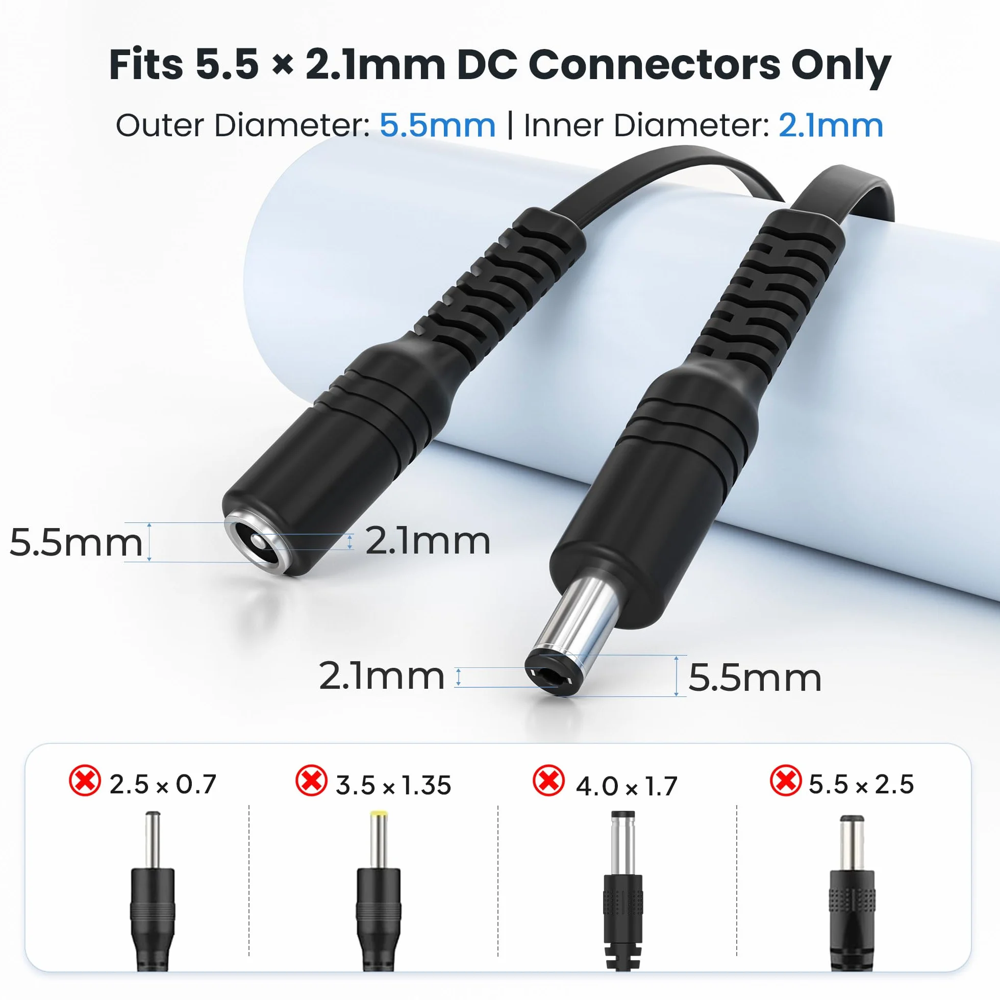 Itramax Przedłużacz DC 3M 12V 2Pack, adapter zasilacza DC 2.1mm x 5.5mm, przedłużacz płaski, kabel z gniazdem 5521 na wtyczkę do kamer CCTV, kamer IP, DVR i innych urządzeń 5V 9V
