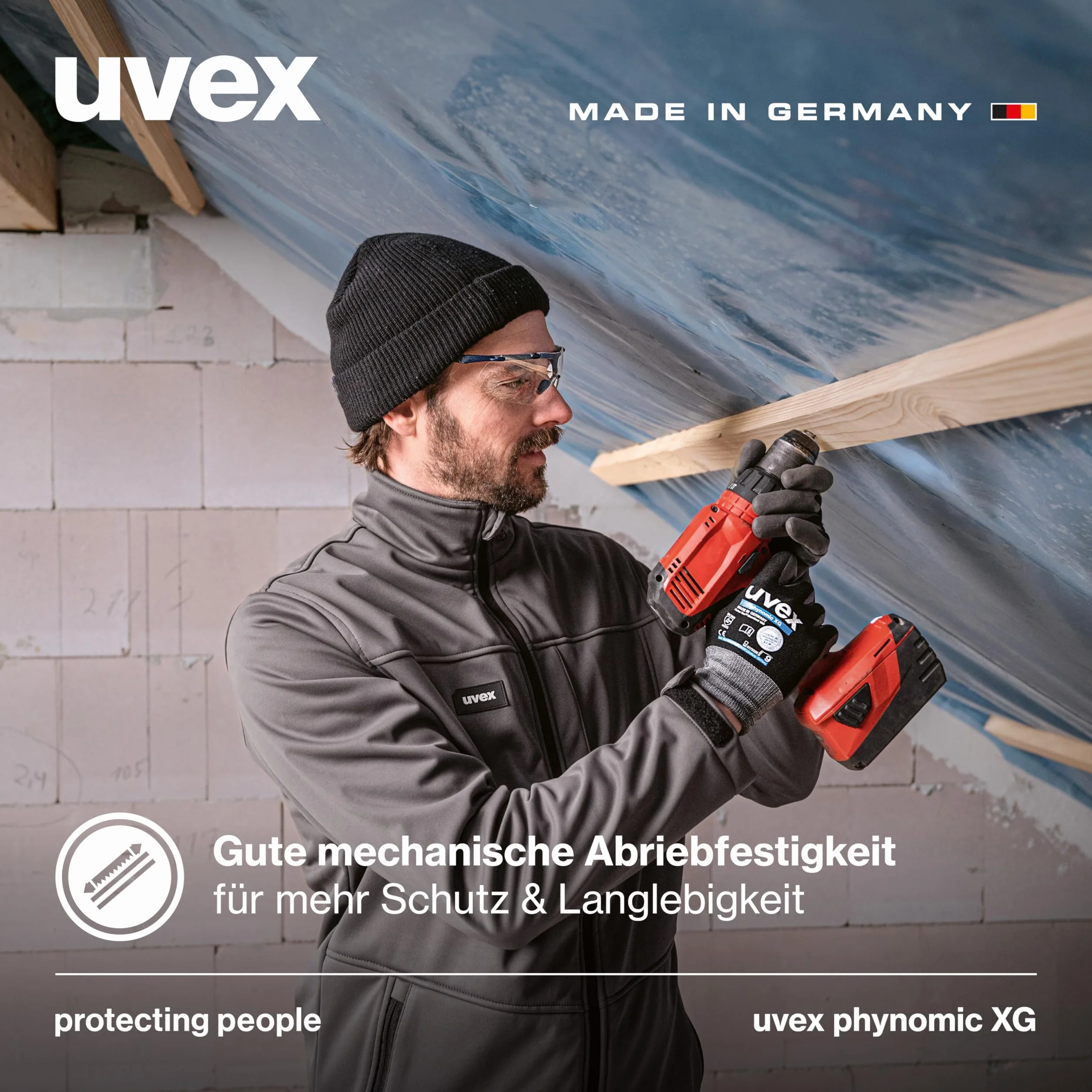 Uvex 3 pary rękawic roboczych phynomic XG - Rękawice ochronne do pracy - EN 388 - Szare/czarne - 11/2XL