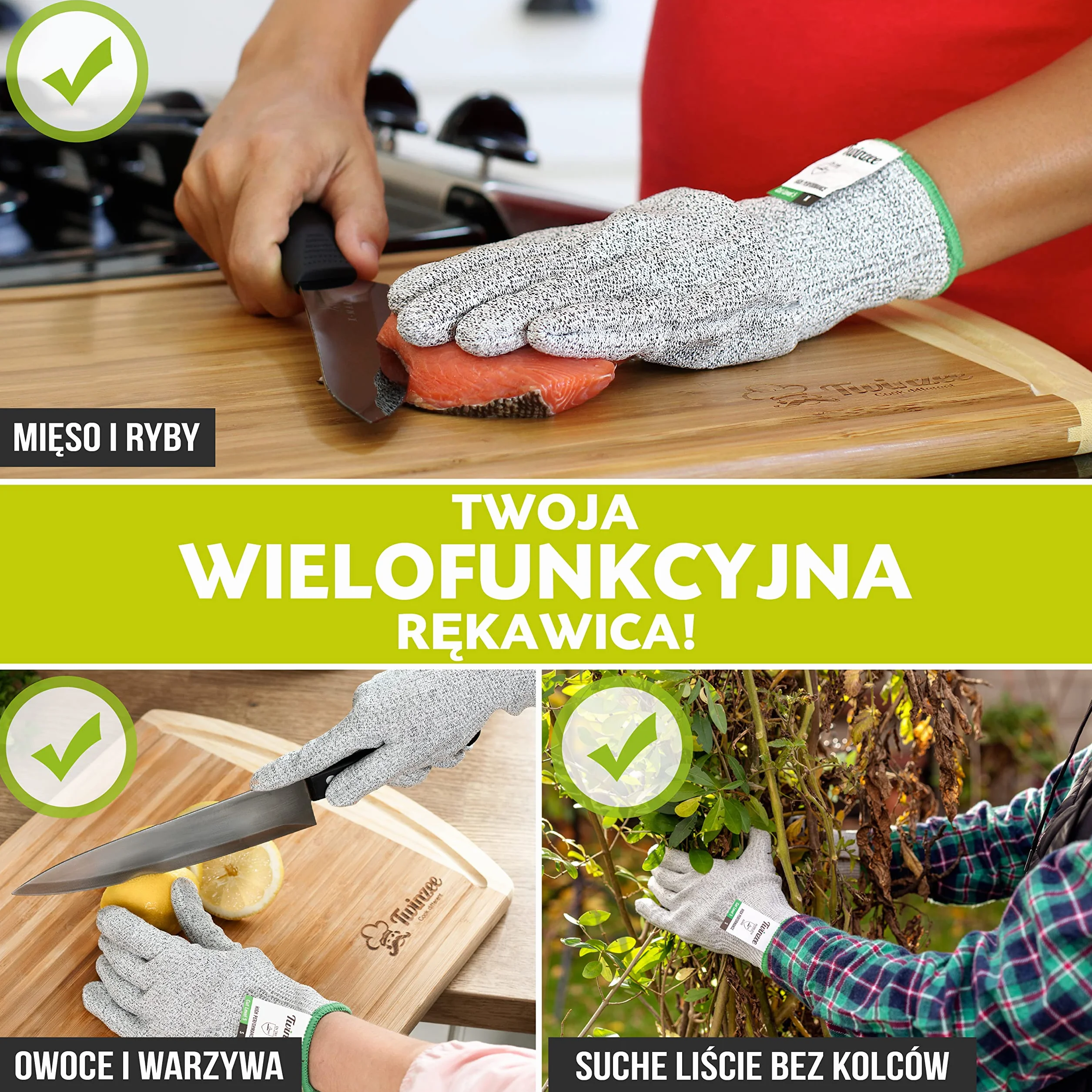 Twinzee Rękawice Chroniące przed Przecięciem Poziom Ochrony 5, Szary/Zielony, Rozmiar L