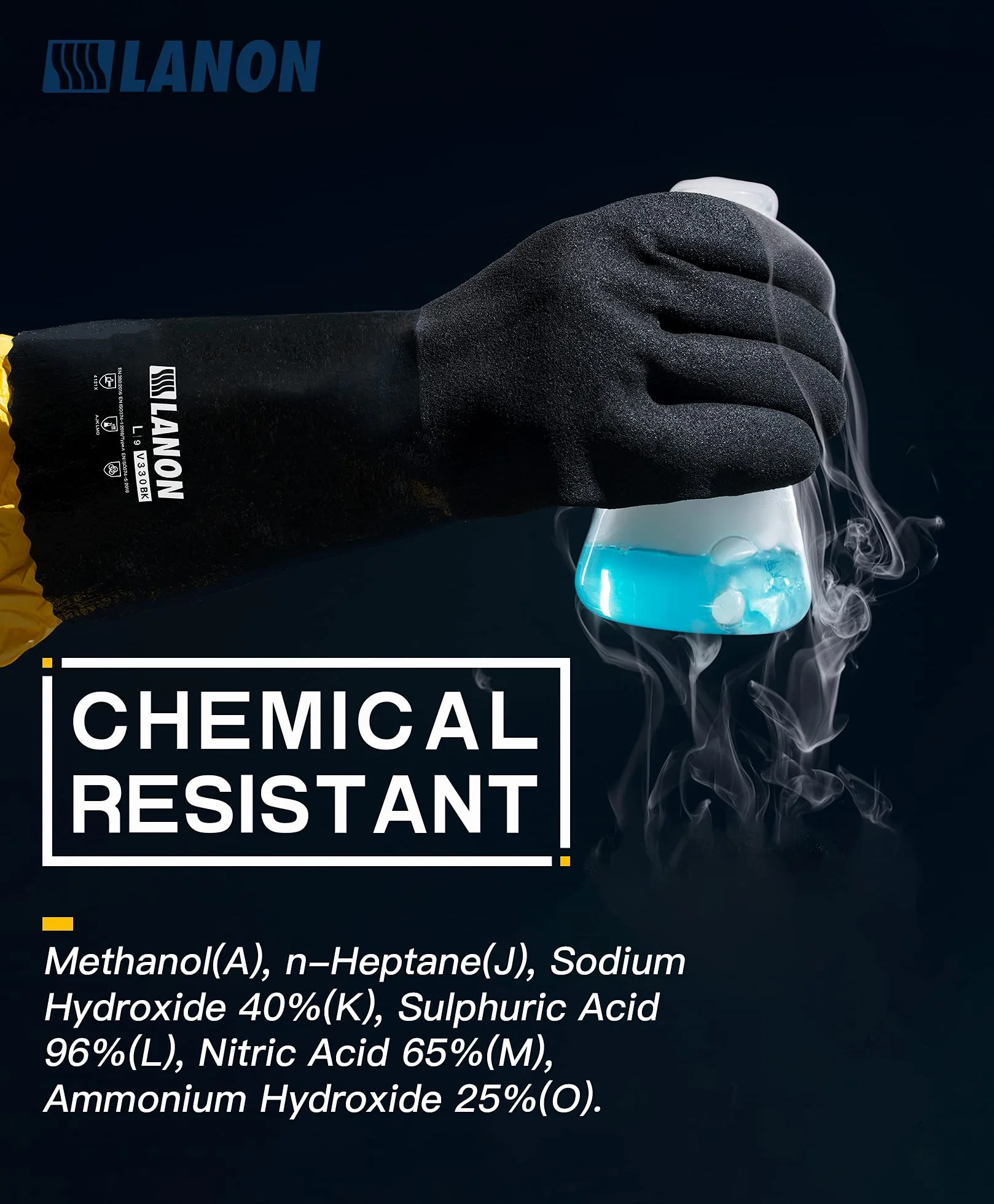 LANON Protection Black Nitrile Chemical Resistant Gloves, Heavy Duty Work Gloves, Non-slip, Latex Free, Reusable, Large, CAT III…