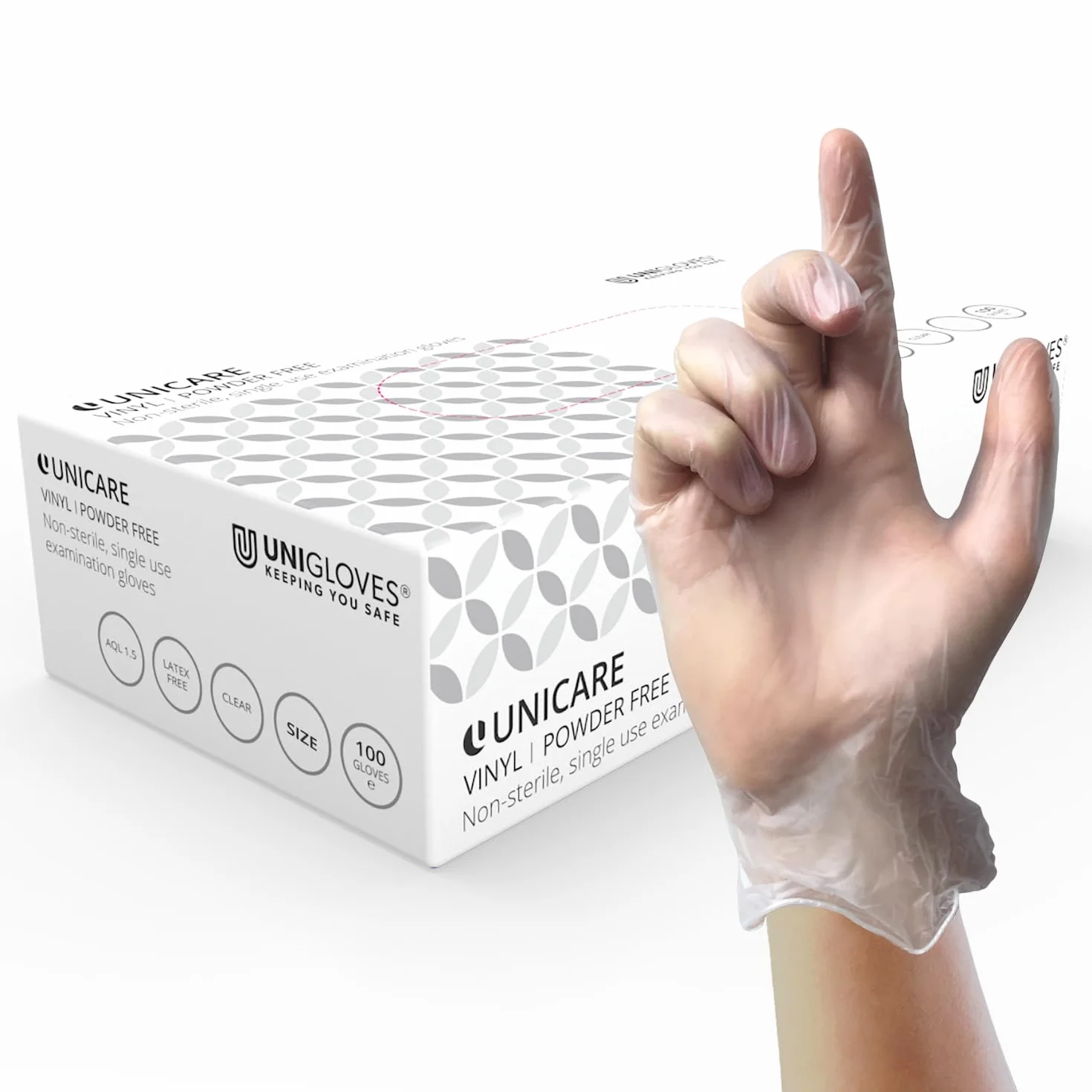 UNIGLOVES Unicare GS0064 Jednorazowe rękawiczki winylowe, wielofunkcyjne, bezpudrowe, bezlateksowe, średnia waga, przezroczyste, 100 sztuk, rozmiar L