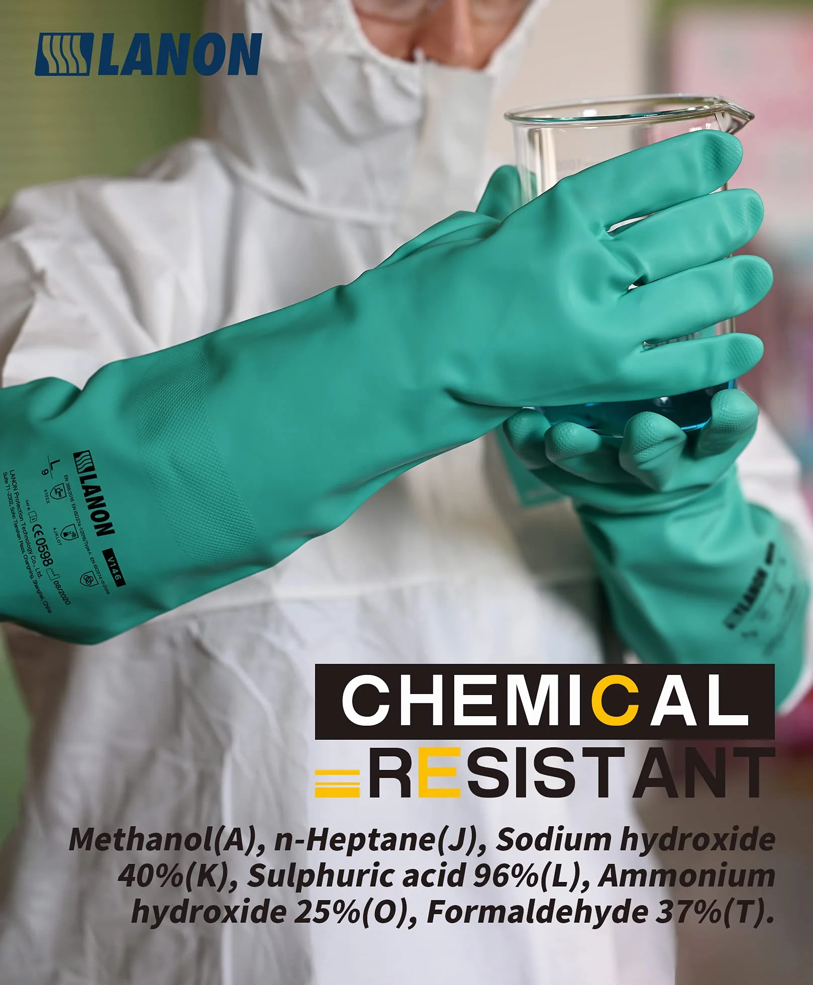 LANON Protection Chemical Resistant Gloves 18Inch Nitrile Non-slip Chemical Protective Gloves Resist Strong Acid, Alkali,Latex Free Safety Work Gloves 22mil Heavy Duty Gloves Large Green…