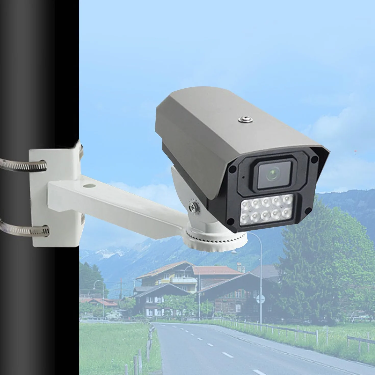 Kamera i uchwyt do monitoringu pierścieniowego masztu, metalowy narożny z 2 regulowanymi pętlami, pionowy drążek, do kamer CCTV, ogniw słonecznych