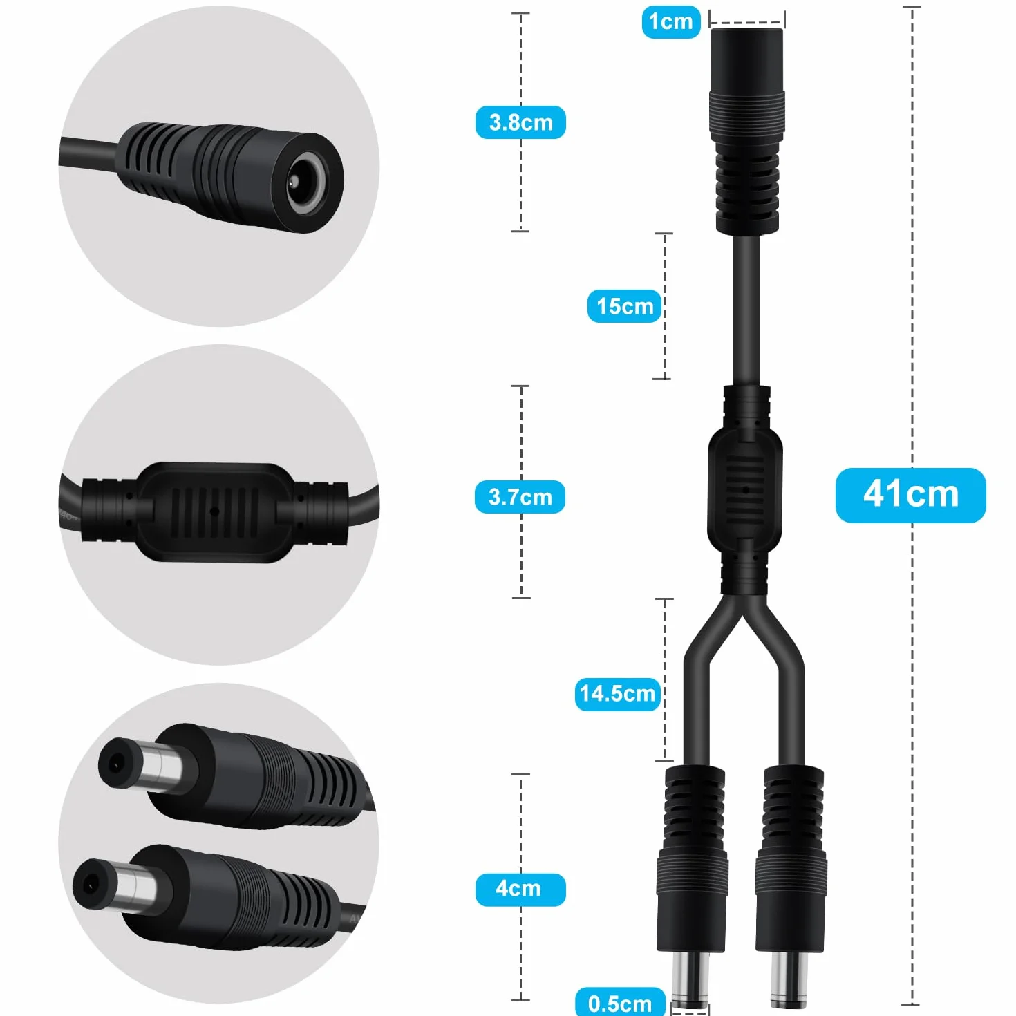 Kabel rozgałęźny DC 5,5 x 2,1 mm DC 2-kierunkowy rozgałęźnik 5V 6V 9V 12V 24V 3A, do kamer bezpieczeństwa, rejestratorów DVR, routerów, drukarek, taśm LED (1 żeński 2 męski, 40 cm)