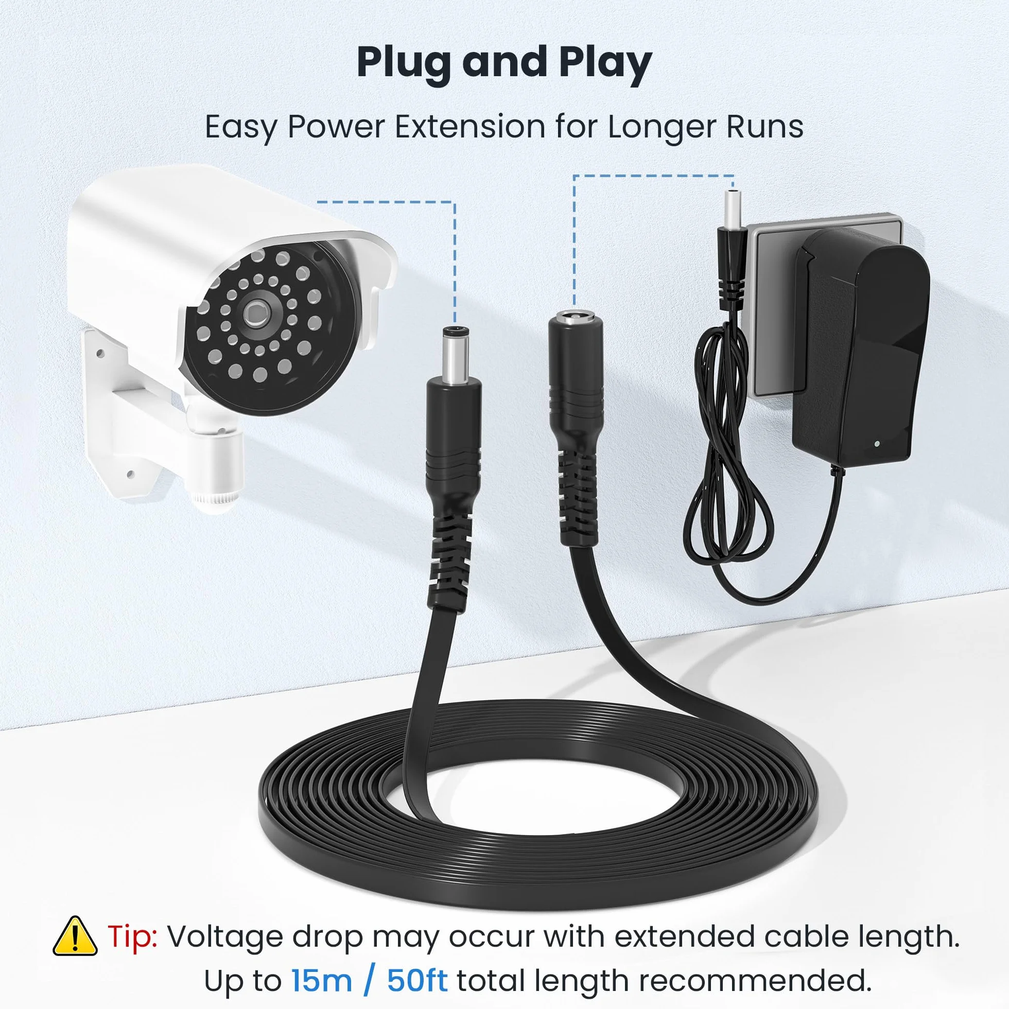 Itramax Przedłużacz DC 3M 12V 2Pack, adapter zasilacza DC 2.1mm x 5.5mm, przedłużacz płaski, kabel z gniazdem 5521 na wtyczkę do kamer CCTV, kamer IP, DVR i innych urządzeń 5V 9V
