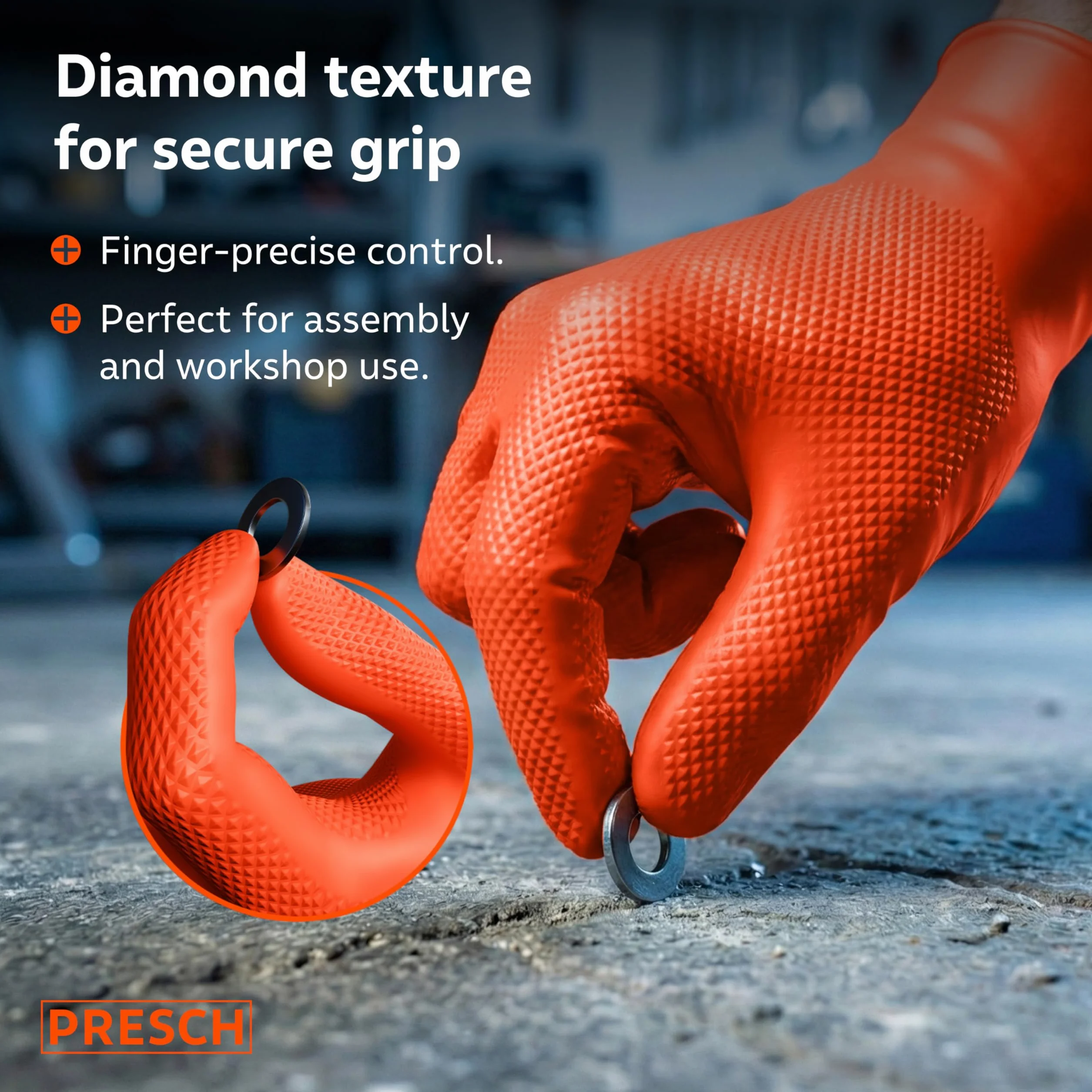 PRESCH Heavy Duty Rękawiczki jednorazowe Pomarańczowy 50szt. (M - 8) – Rękawice nitrylowe z diamentową strukturą dla dodatkowego chwytu – Bezlateks i bezpudrowe – Extra grube i odporne na rozdarcia