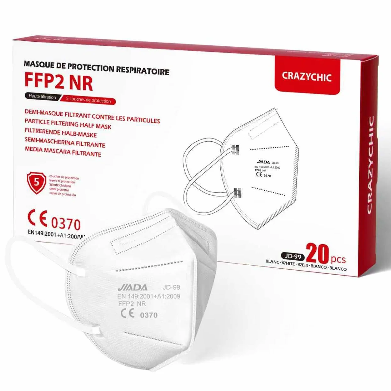 CRAZYCHIC - Maska FFP2 NR Biała Certyfikowana CE EN149 - Maseczka Ochrona Dróg Oddechowych - Wysoka Filtracja 5 Warstw - Hipoalergiczna - Indywidualne Opakowanie - Pudełko