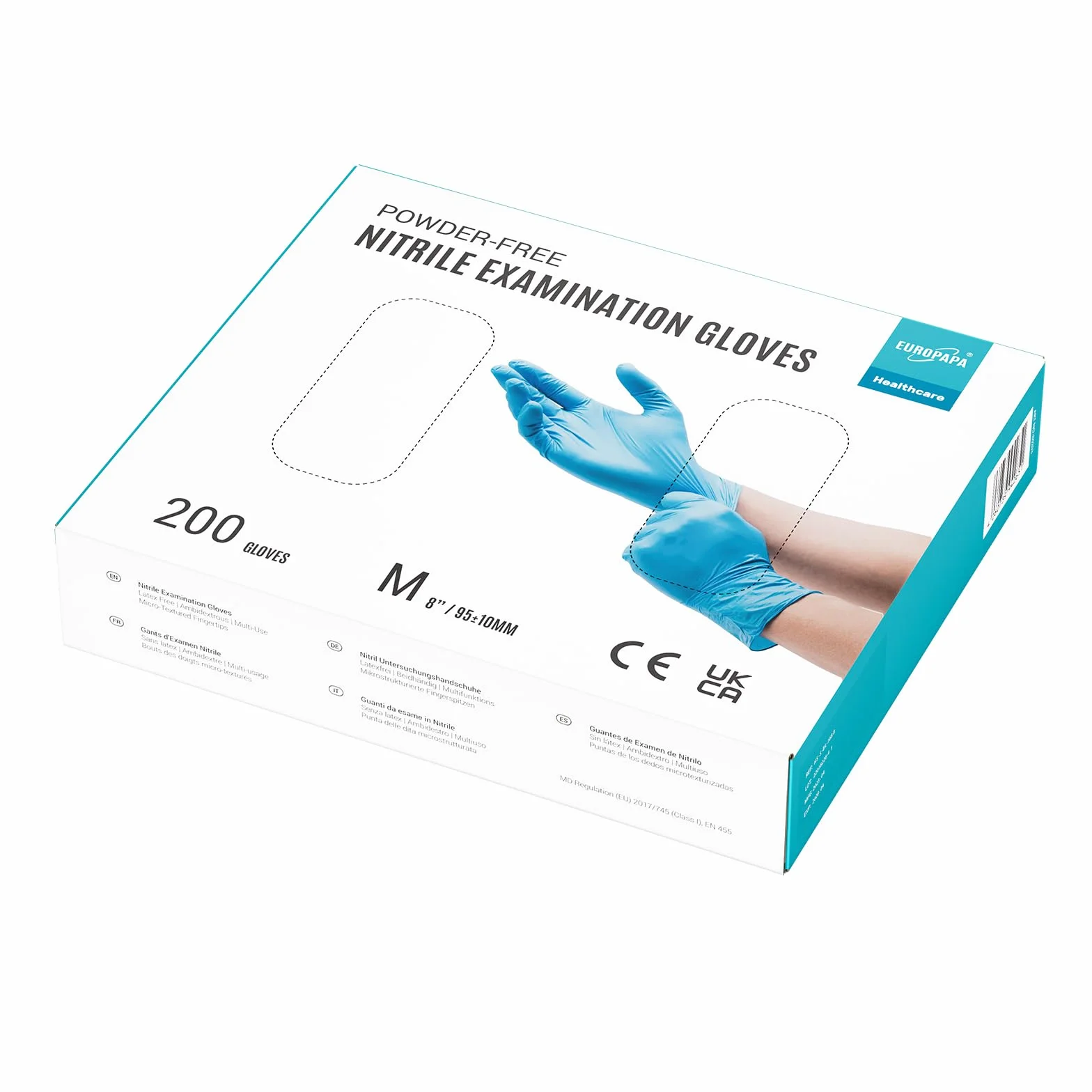 EUROPAPA® EN455 EN374 rękawiczki jednorazowe bezpudrowe z nitrylu, 200 sztuk, bez lateksu, rozmiary S, M, L, XL, do wyboru (M, niebieskie)