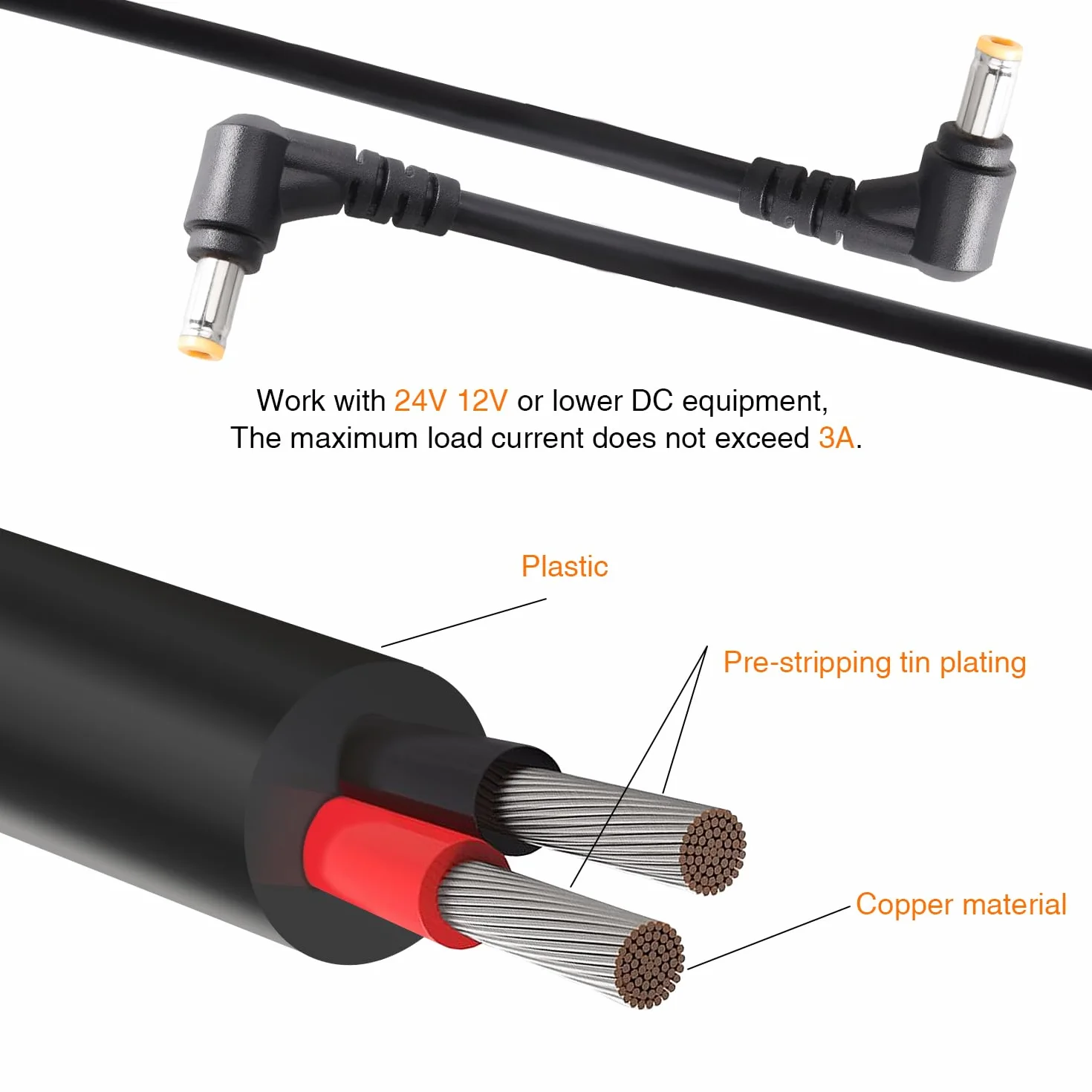 2 Sztuk 1m 18AWG 5.5x2.5 mm 24V 12V DC Przedłużacz Kabla Zasilającego, Przewód Przedłużający do Zasilania Kąt Prosty Męski na Kąt Prosty Męski, do Kamer Bezpieczeństwa CCTV, Czarny
