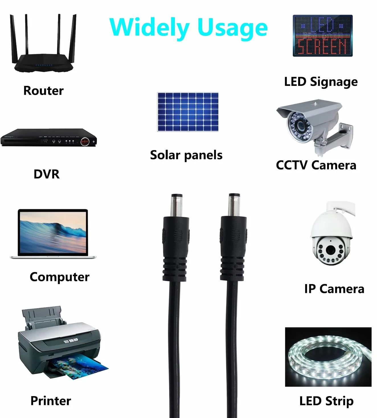2 sztuki DC 3,3FT DC 12V 5,5 x 2,1 mm przedłużacz DC kabel do kamery bezpieczeństwa, taśma LED, monitoring IP CCTV (męski na męski)