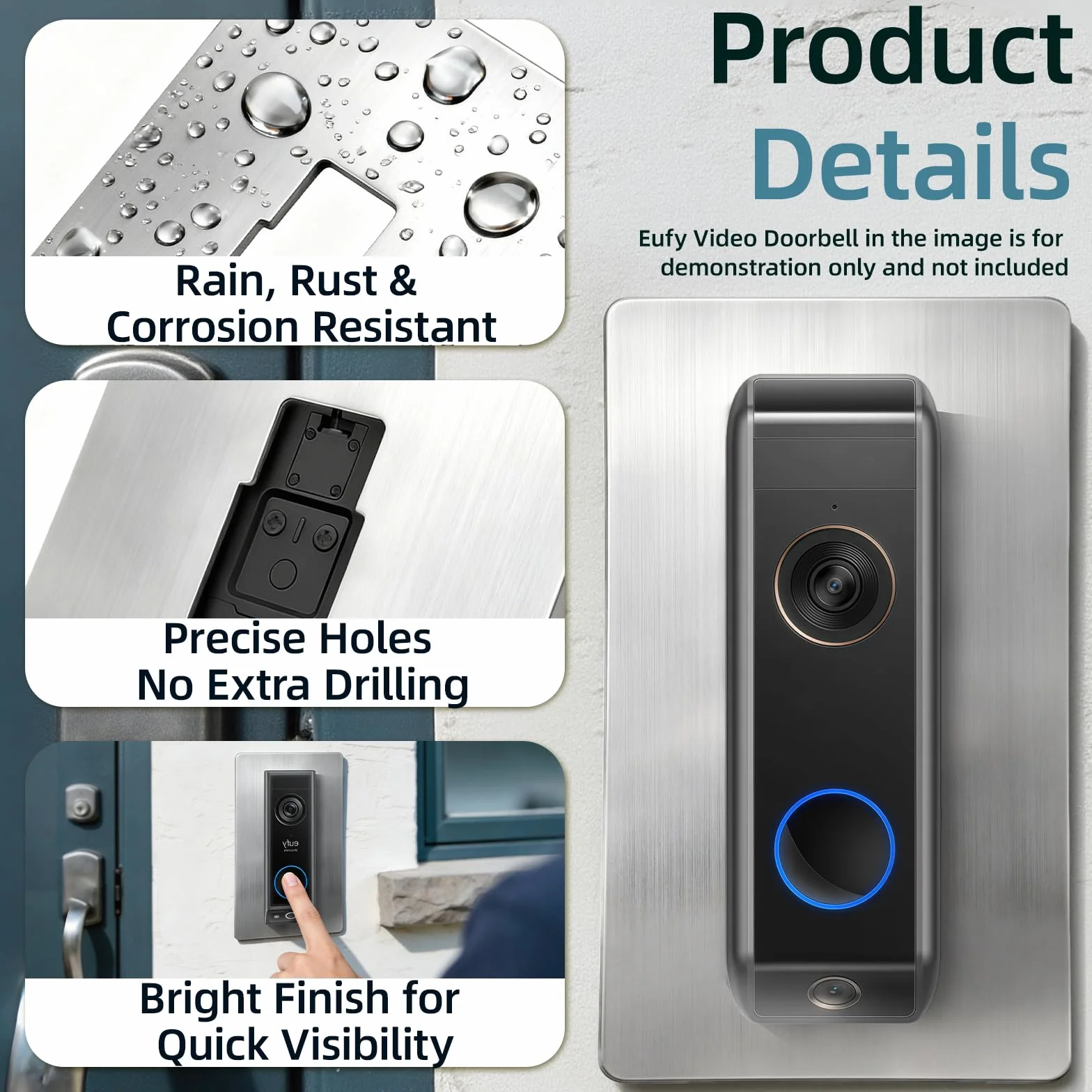 Osłona ze stali nierdzewnej do Eufy Video Doorbell E340 – płyta ścienna nadaje się do dzwonka do Eufy E340, S330, 2K HD, C31, C30, uchwyt do drzwi wejściowych, osłona ścienna do dzwonka do
