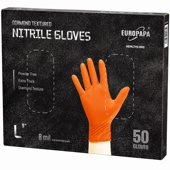 EUROPAPA 50 bardzo grubych rękawic nitrylowych DiamantGrip Diamant czarno-pomarańczowe rękawice jednorazowe Perfect Grip rękawice ochronne, bezpudrowe rękawice robocze bez lateksu (L, pomarańczowe)