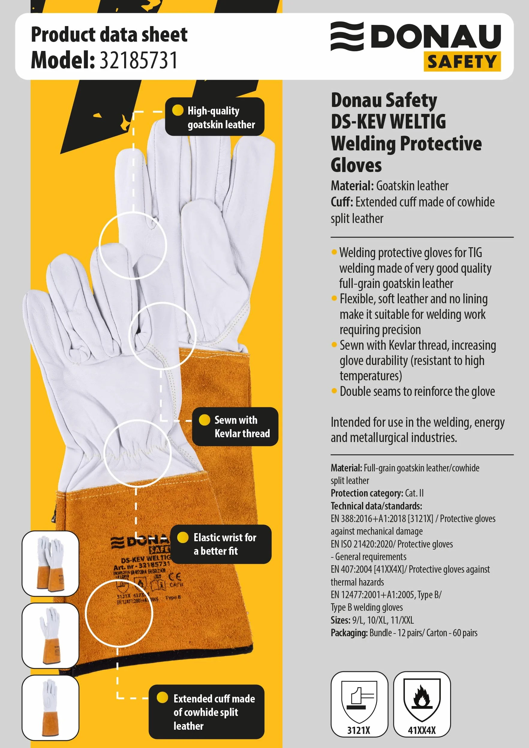 DONAU SAFETY Rękawica spawalnicza ze skóry koziej do spawania TIG/Kevlar/rozmiar 10/XL, 1 para/Softouch, bardzo miękkie i przyjemne rękawice robocze, skórzane/rękawice ochronne