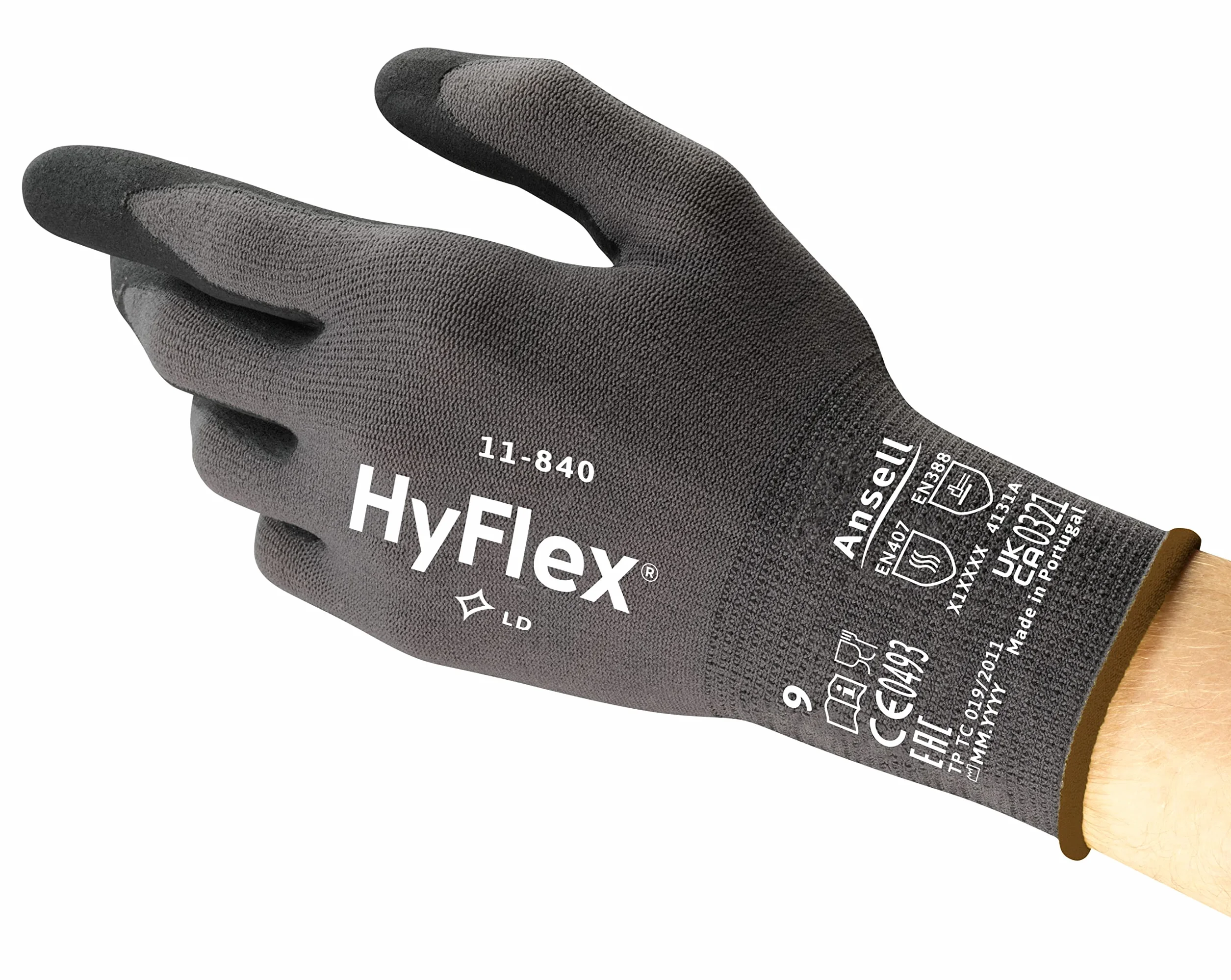 Ansell HyFlex 11-840R, Rękawice robocze, Uniwersalne, Odporne na ścieranie, Rękawice przemysłowe i mechaniczne, rozmiar Szare, Czarne, rozmiar M (3 pary)