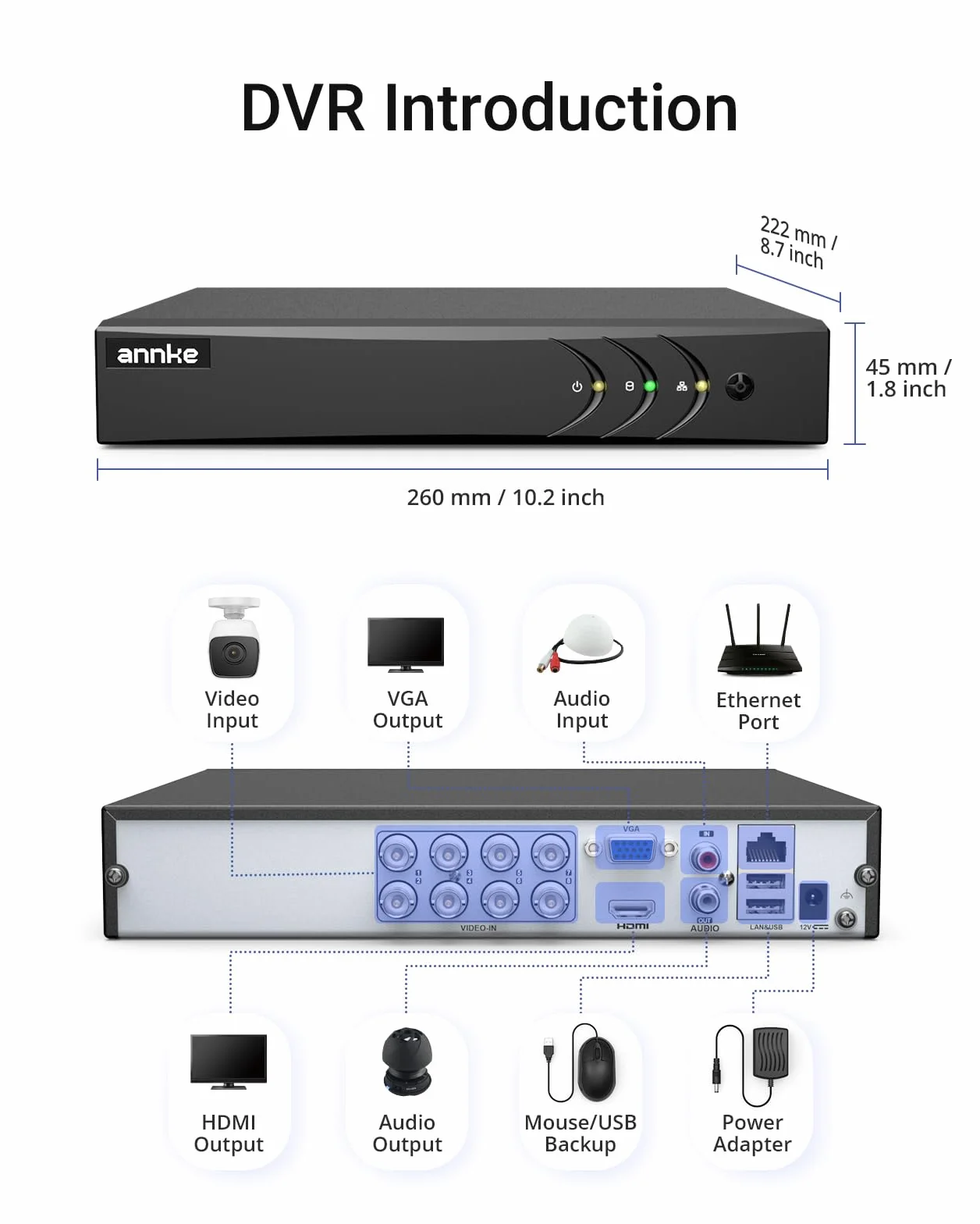 ANNKE DVR 8CH 5MP Lite dla CVI/CVBS/AHD/TVI, H.265+ DVR Video H.265+ Cyfrowy rejestrator wideo z wykrywaniem ruchu i zdalnym dostępem
