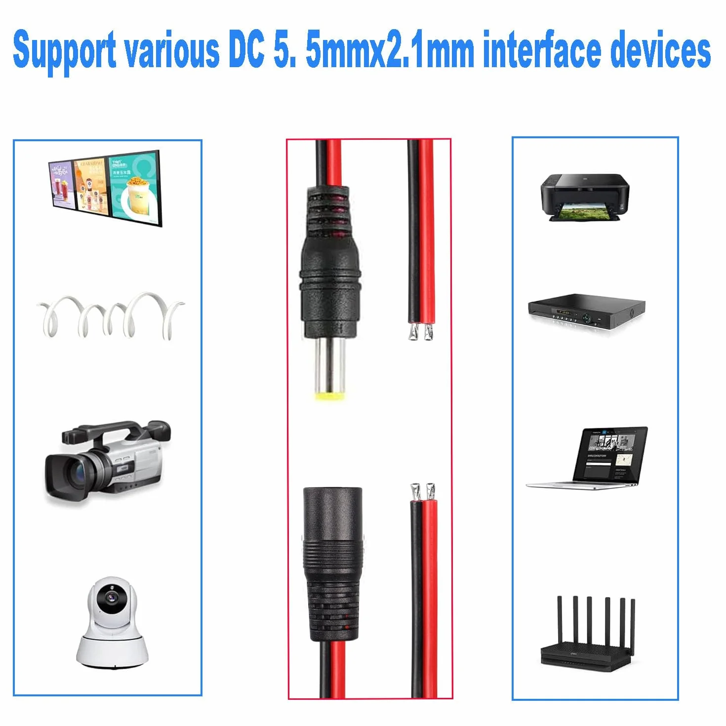 RUNCCI-YUN 20 sztuk 5,5 x 2,1 mm męski kabel do pigtail DC, 12 V, 5 A DC Pigtail Connector, 18 AWG, złącze 5,5 x 2,1 do kamery, CCTV, DVR, systemu LED
