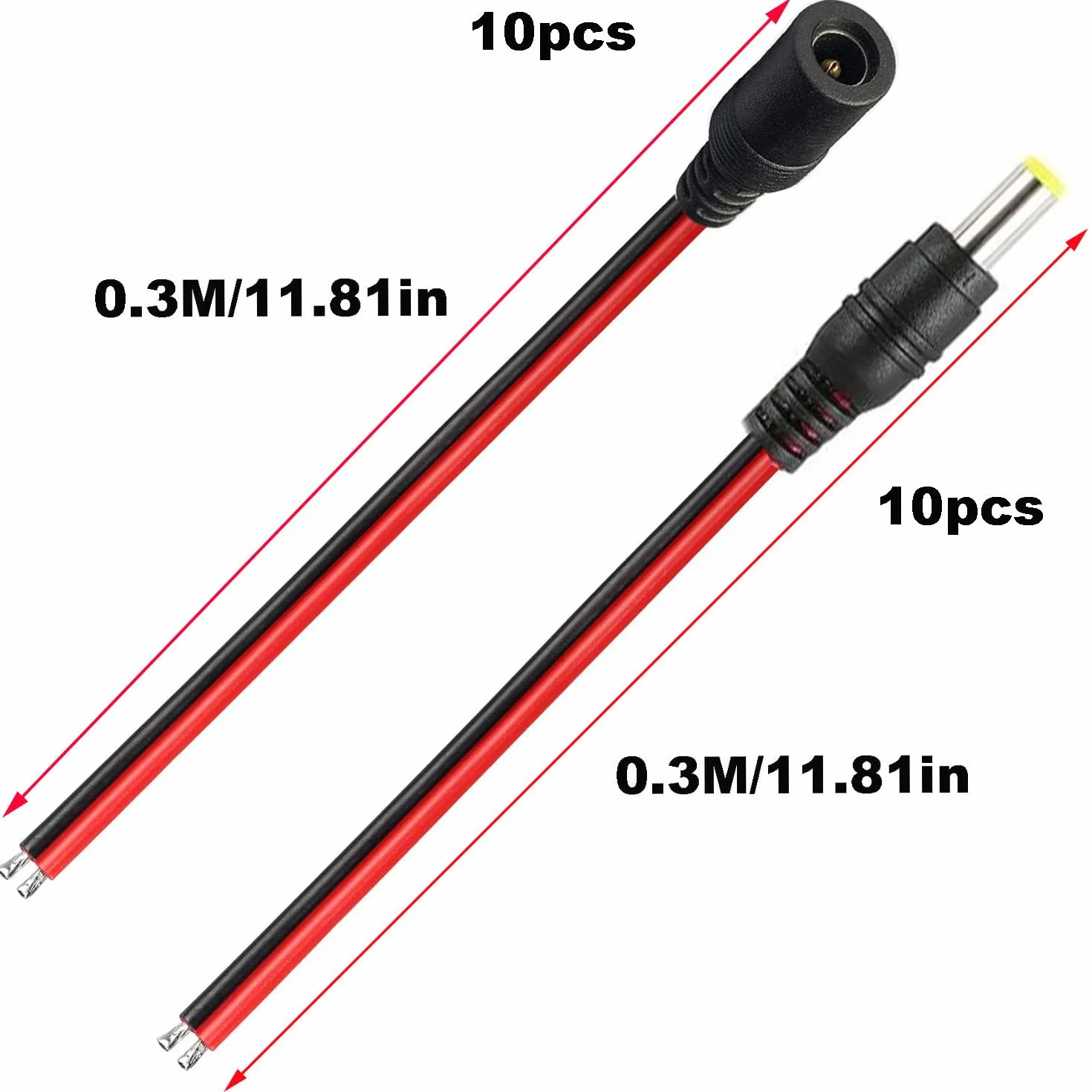 RUNCCI-YUN 20 sztuk 5,5 x 2,1 mm męski kabel do pigtail DC, 12 V, 5 A DC Pigtail Connector, 18 AWG, złącze 5,5 x 2,1 do kamery, CCTV, DVR, systemu LED