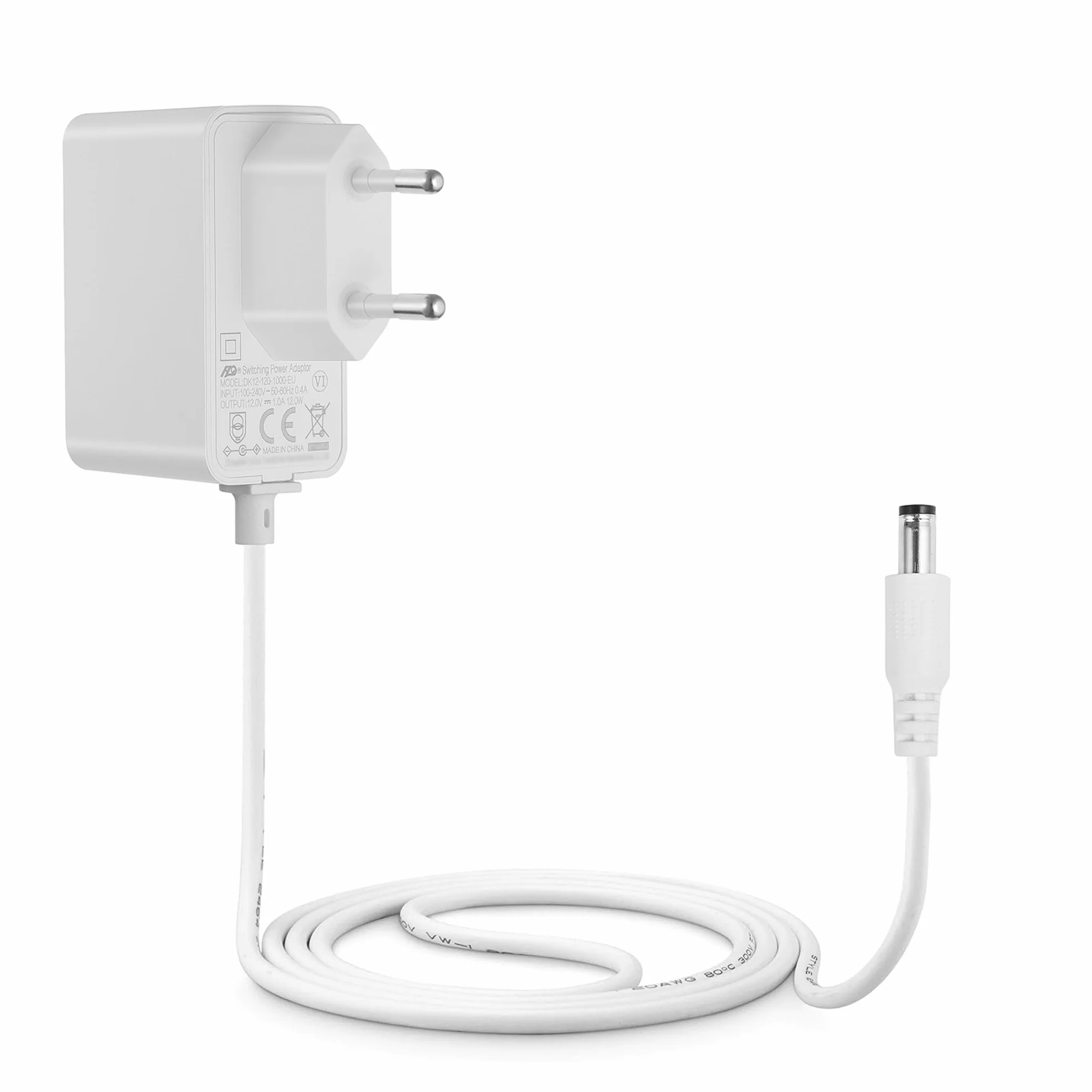 Lonnky Zasilacz Sieciowy 12V 1A z Kablem 3 m, Wtyczka DC 2,1 mm x 5,5 mm do Kamer IP, CCTV, Taśm LED, Urządzeń Audio/Wideo, Routerów, Biały