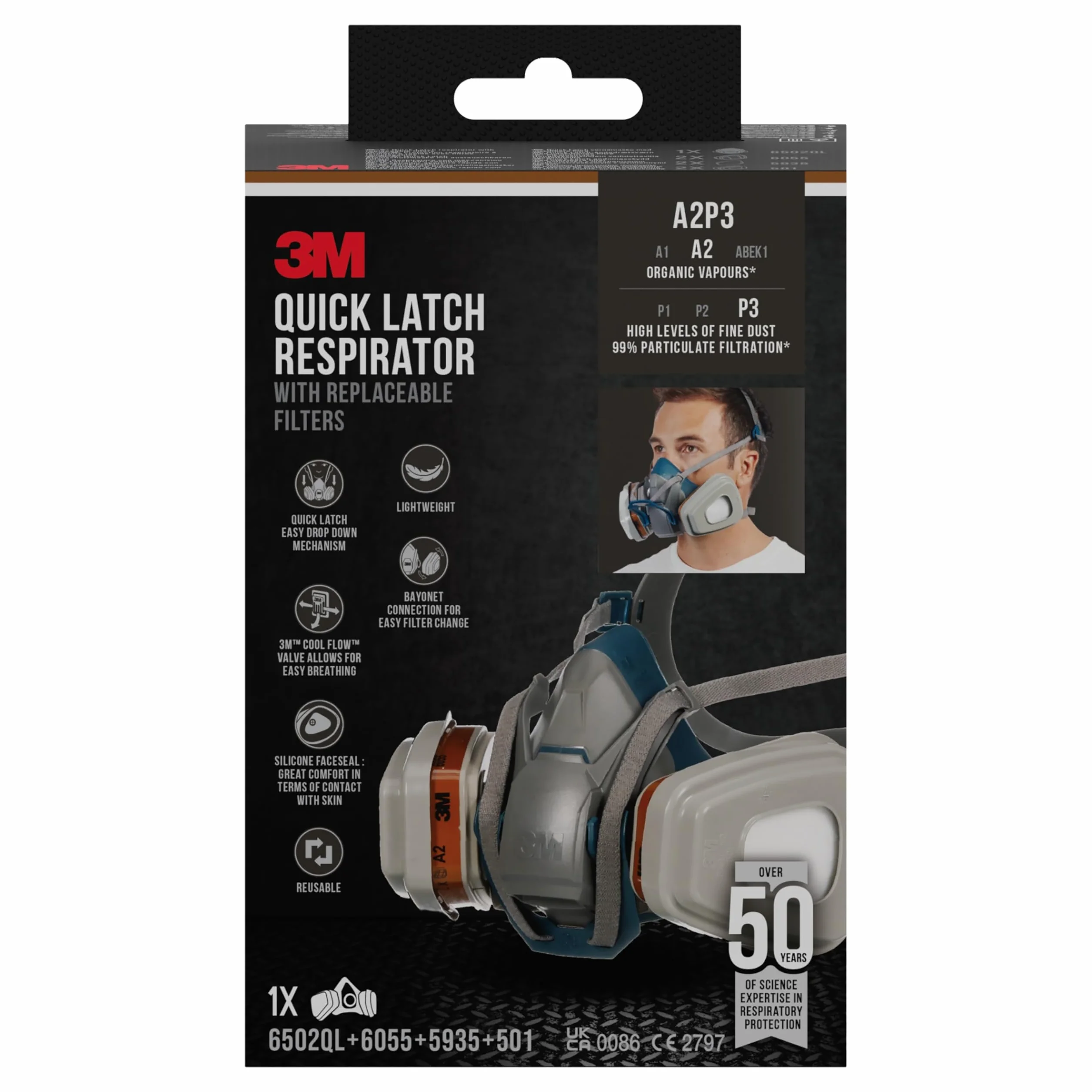 3M maska ochronna 6502 QLPRO – półmaska z wymiennymi filtrami przeciwko gazom organicznym, oparom i cząsteczkom – maska lakiernicza z poziomem ochrony A2P3 do prac malarskich i szlifierskich