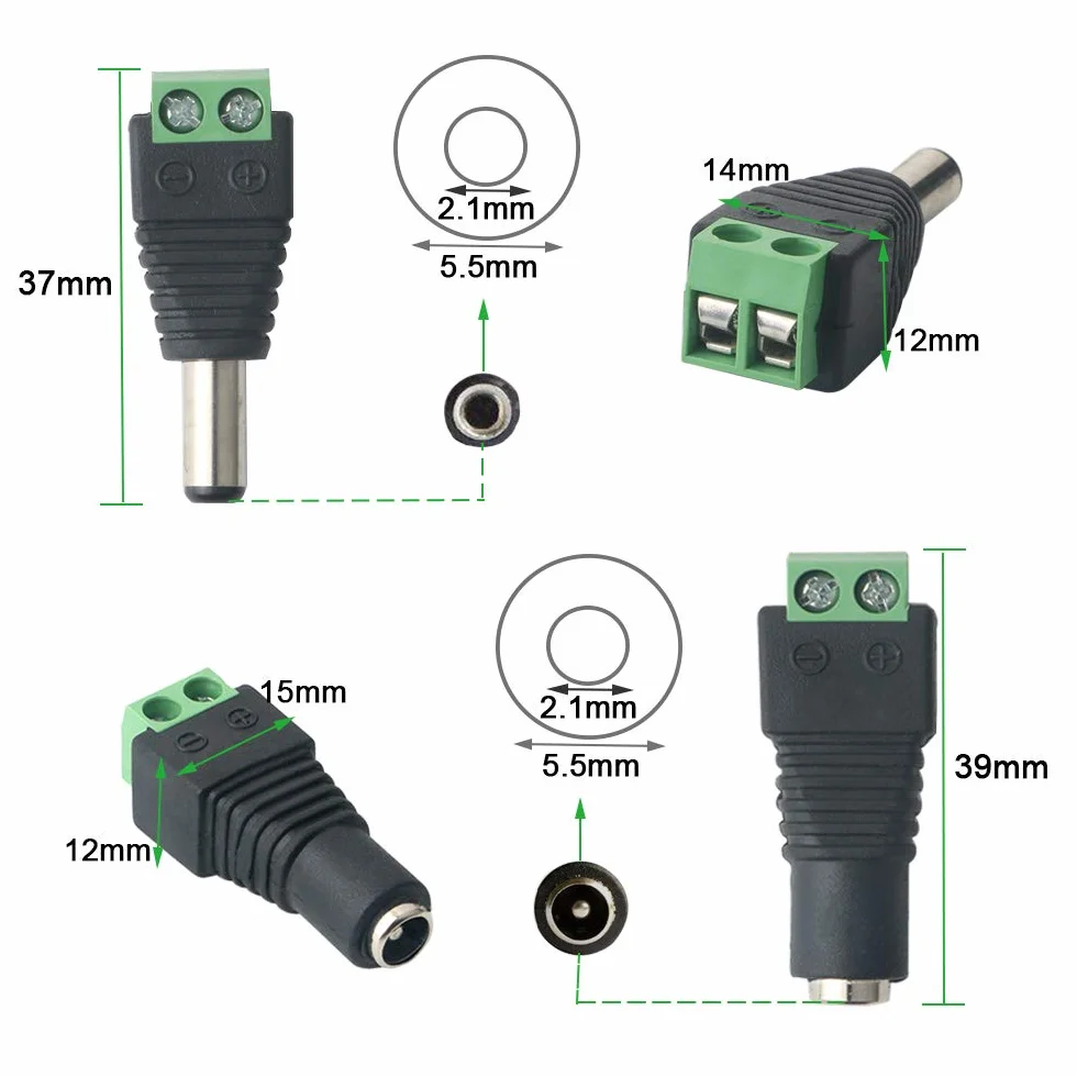16 par Premium 5,5 x 2,1 mm złącze zasilania DC, 12 V / 24 V męski i żeński adapter zasilania DC, 2-pinowe złącze śrubowe DC, do taśmy LED kamery CCTV