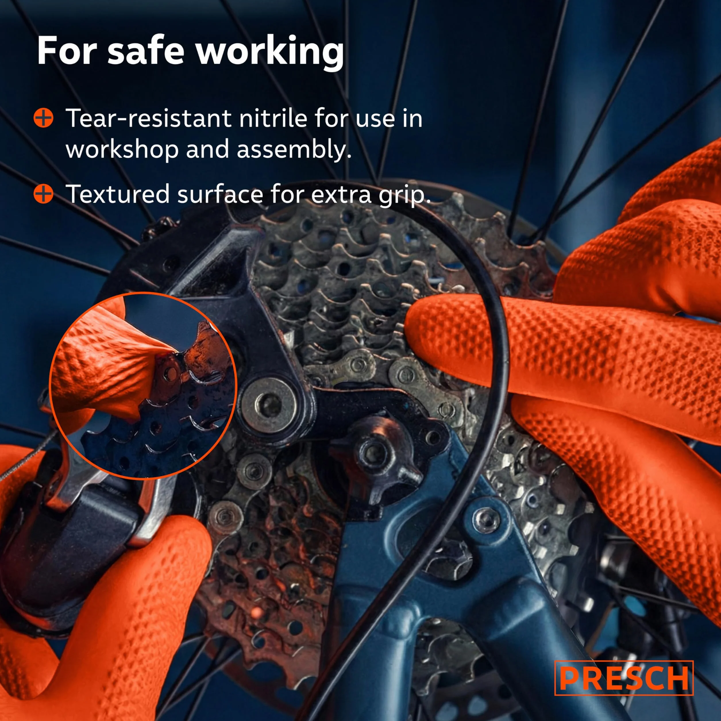 PRESCH Heavy Duty Rękawiczki jednorazowe Pomarańczowy 50szt. (M - 8) – Rękawice nitrylowe z diamentową strukturą dla dodatkowego chwytu – Bezlateks i bezpudrowe – Extra grube i odporne na rozdarcia