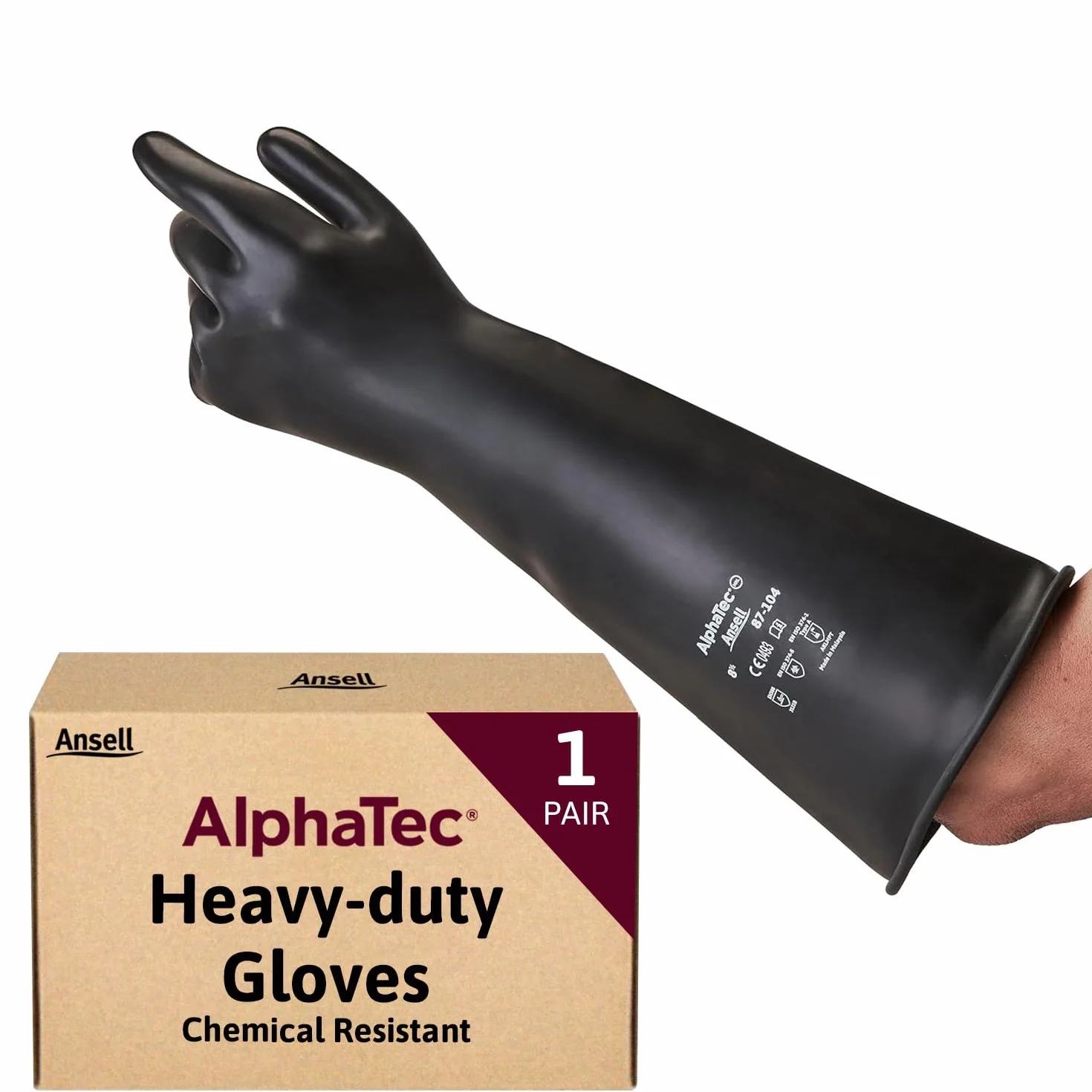 Ansell AlphaTec 87-104 Lateksowe rękawice ochronne chemiczne, rękawice chemiczne wielokrotnego użytku dla przemysłu, odpowiednie do żywności, gumowe rękawice robocze, czarne, rozmiar 9.5 (1 para)
