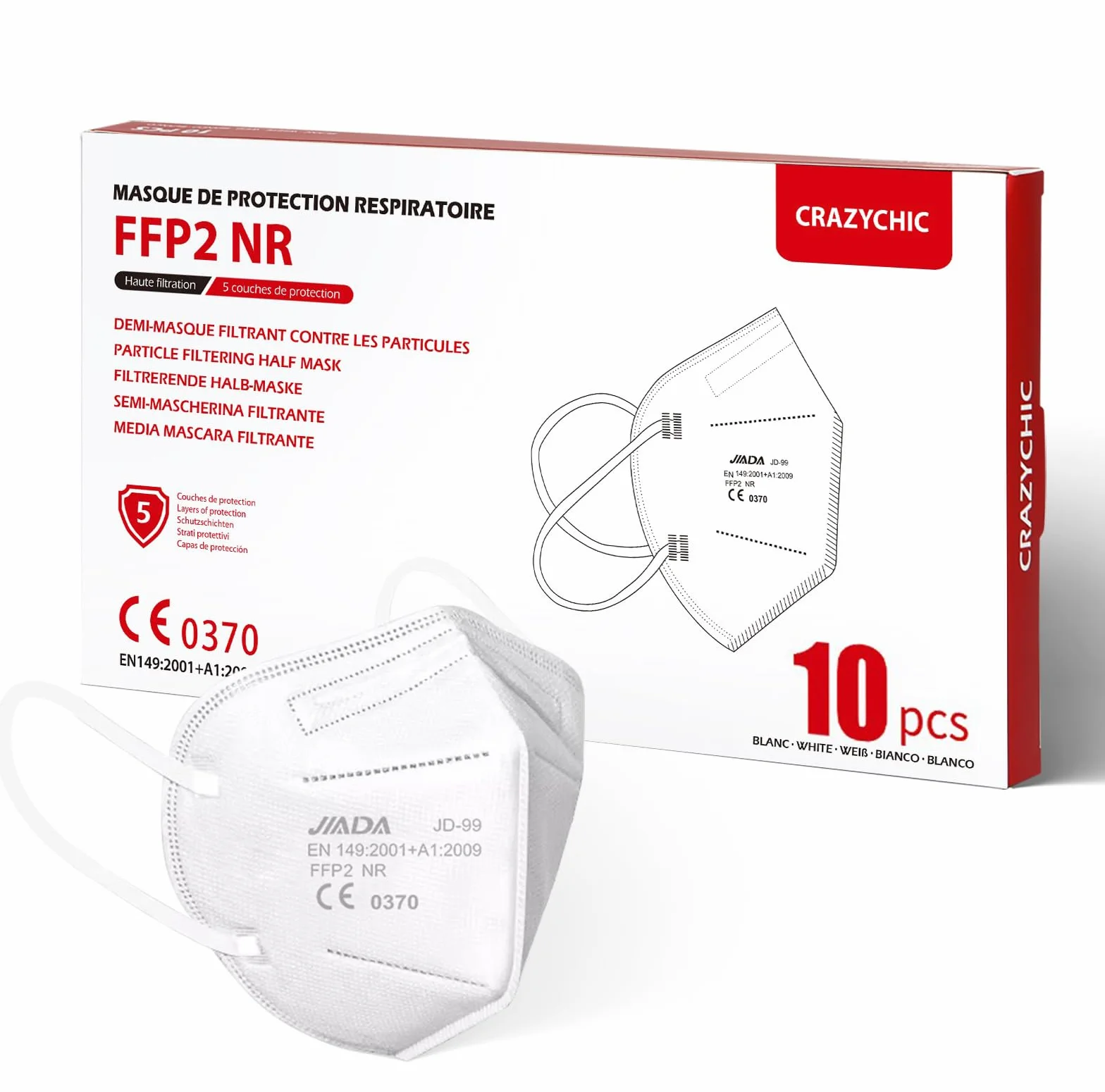 CRAZYCHIC - 10X Maska FFP2 NR Biała Certyfikowana CE EN149 - Maseczka Ochrona Dróg Oddechowych - Wysoka Filtracja 5 Warstw - Hipoalergiczna - Indywidualne Opakowanie - Pudełko 10 Szt.