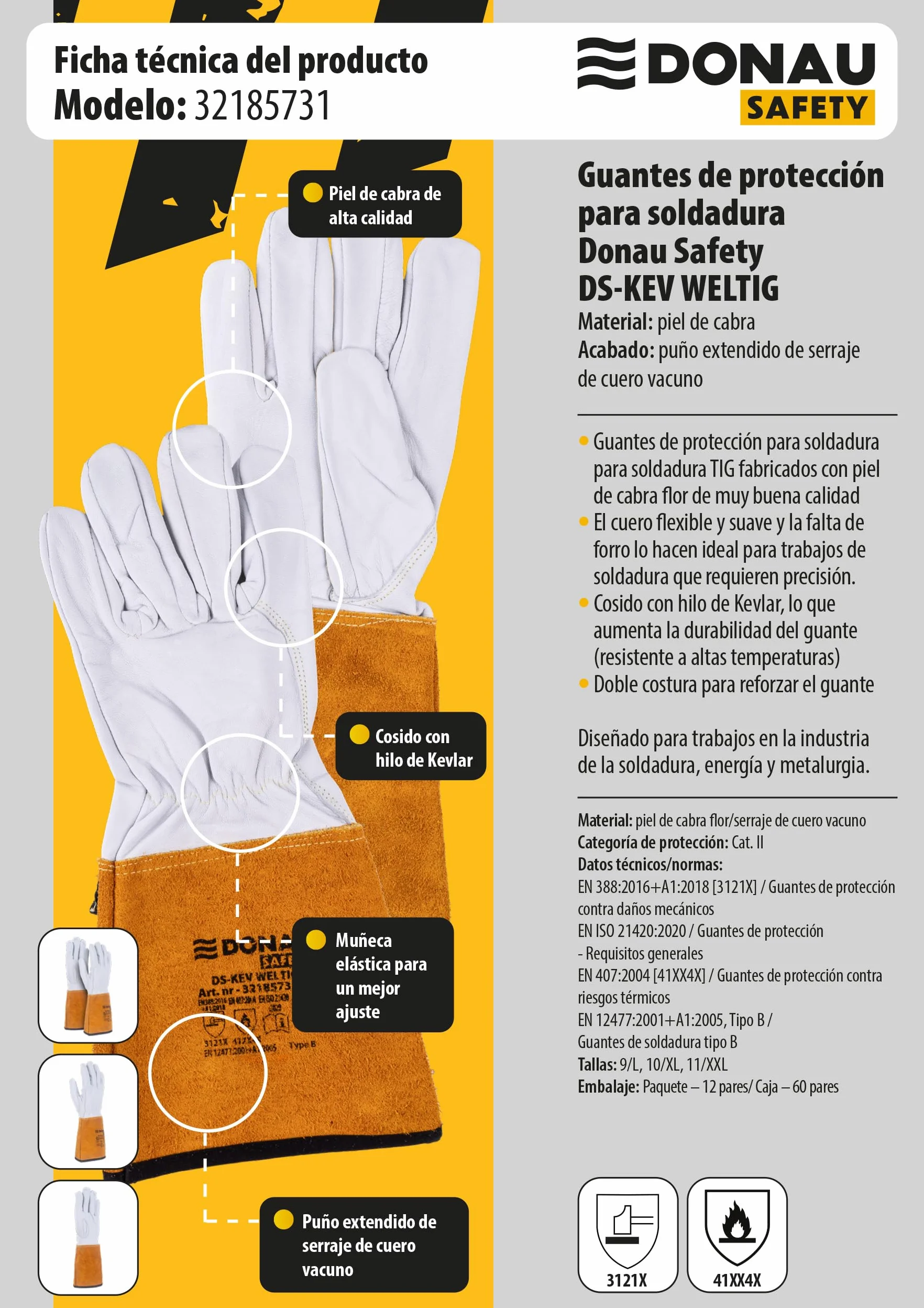 DONAU SAFETY Rękawica spawalnicza ze skóry koziej do spawania TIG/Kevlar/rozmiar 10/XL, 1 para/Softouch, bardzo miękkie i przyjemne rękawice robocze, skórzane/rękawice ochronne